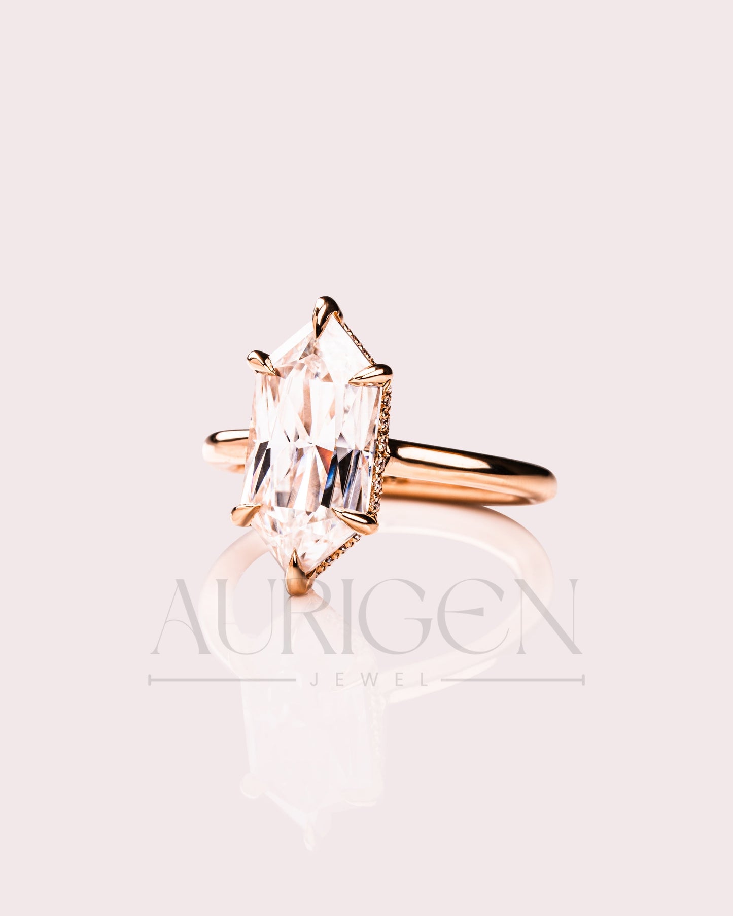 6-Prong Set Elongated Hexagon Moissanite & Leb Engagement Ring Hidden Halo 18K Rose Gold