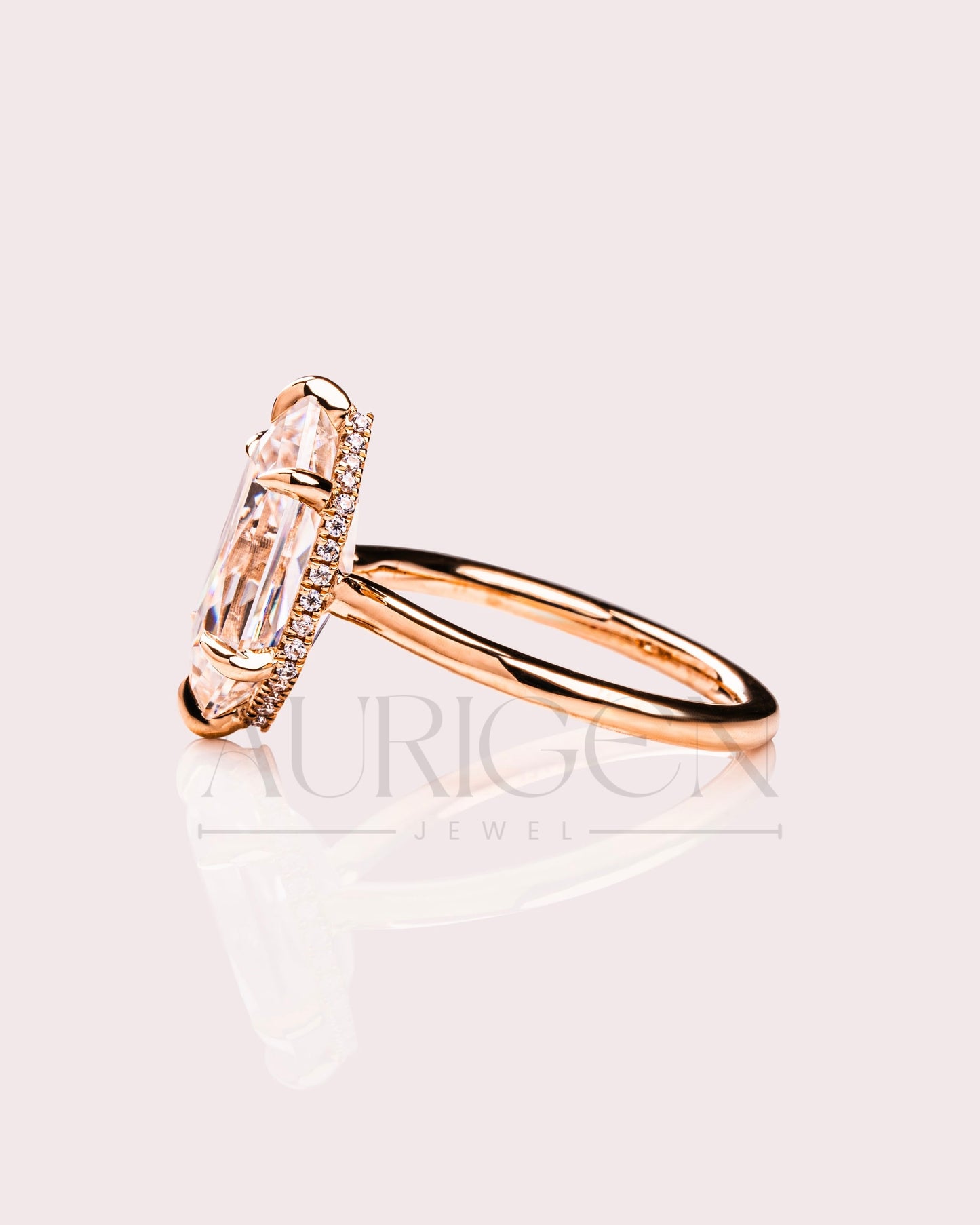6-Prong Set Elongated Hexagon Moissanite & Leb Engagement Ring Hidden Halo 18K Rose Gold