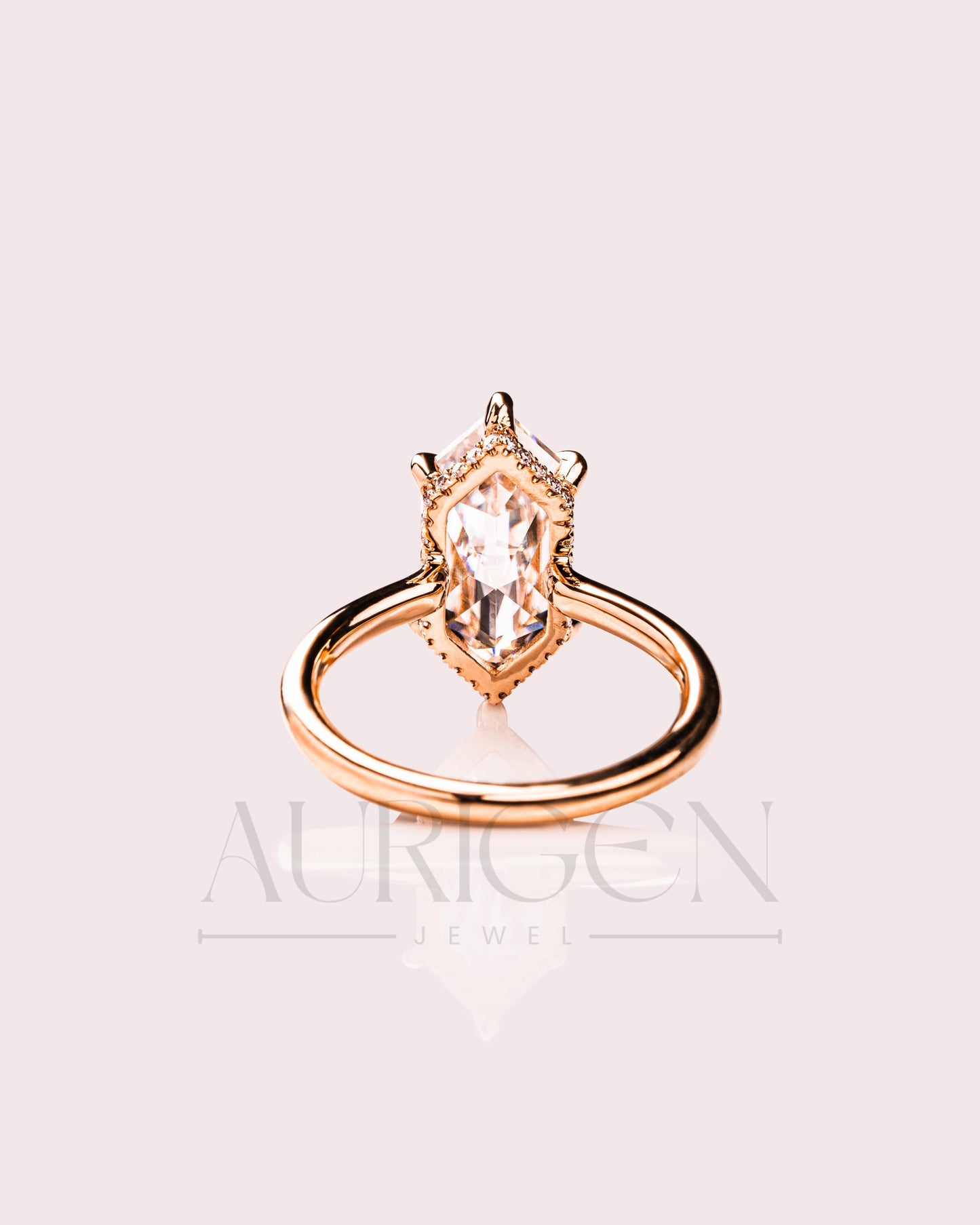 6-Prong Set Elongated Hexagon Moissanite & Leb Engagement Ring Hidden Halo 18K Rose Gold