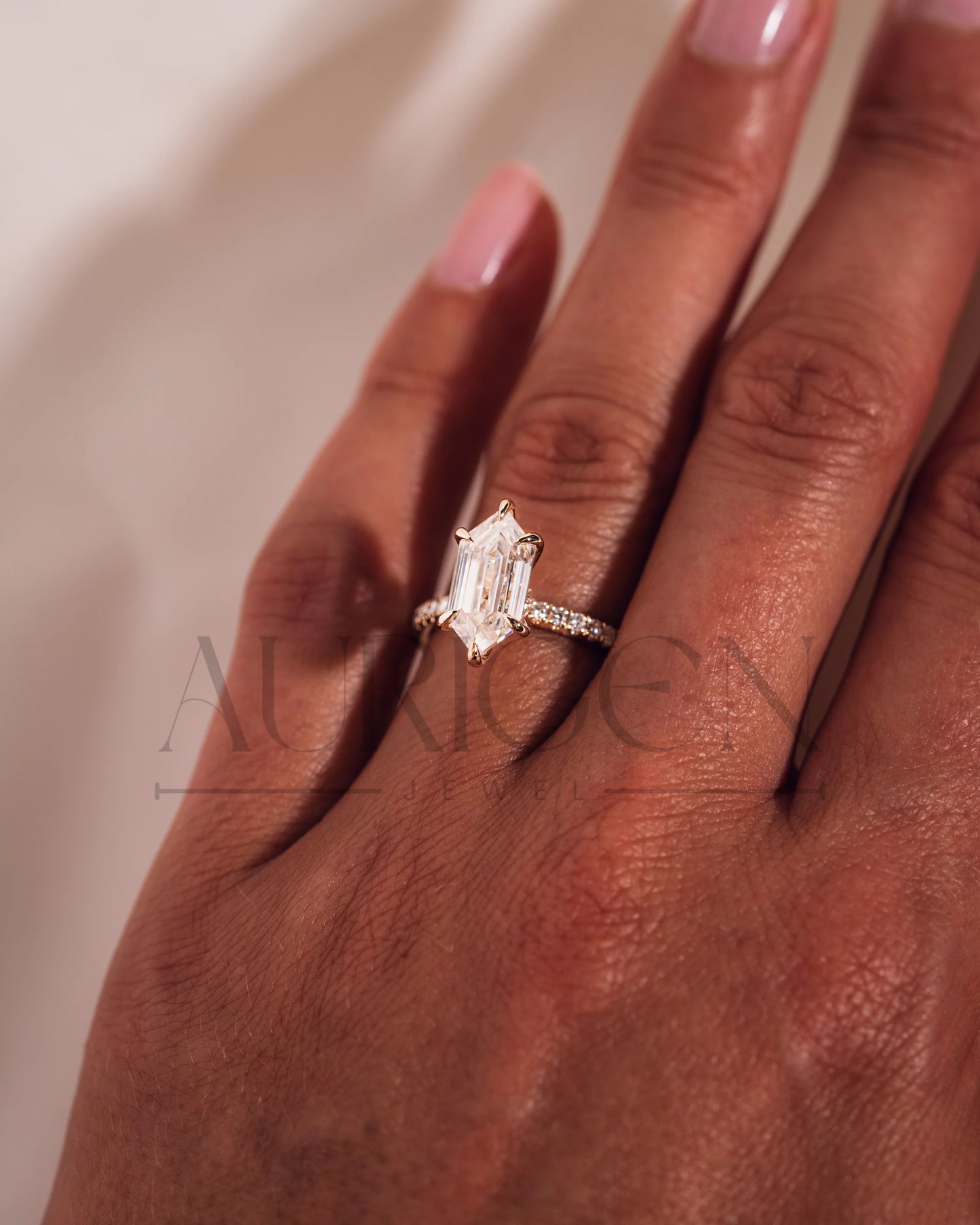 Elongated Hexagon Moissanite and Leb Ring Hidden Halo with Pave Band 14K Rose Gold