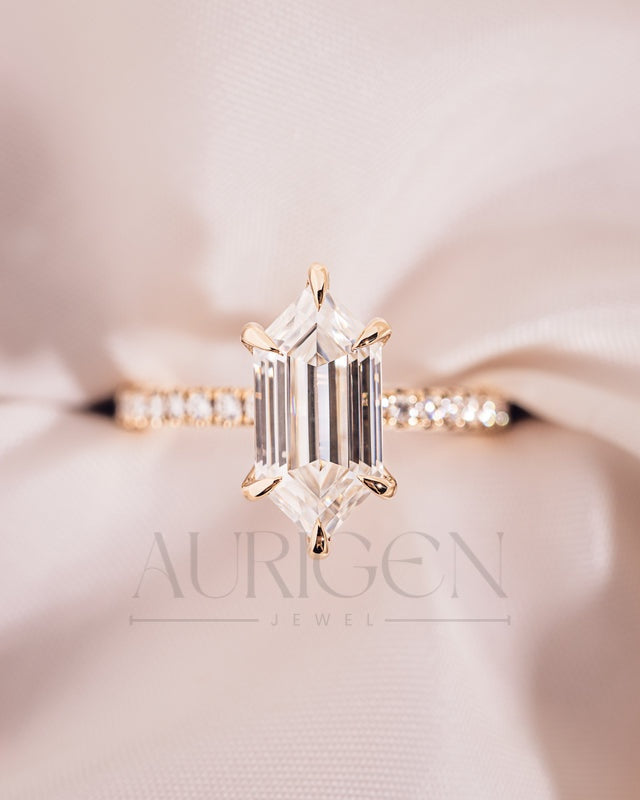 Elongated Hexagon Moissanite and Leb Ring Hidden Halo with Pave Band 14K Rose Gold