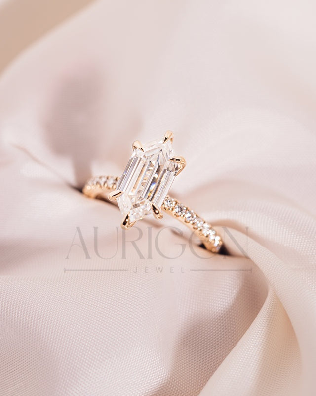 Elongated Hexagon Moissanite and Leb Ring Hidden Halo with Pave Band 14K Rose Gold
