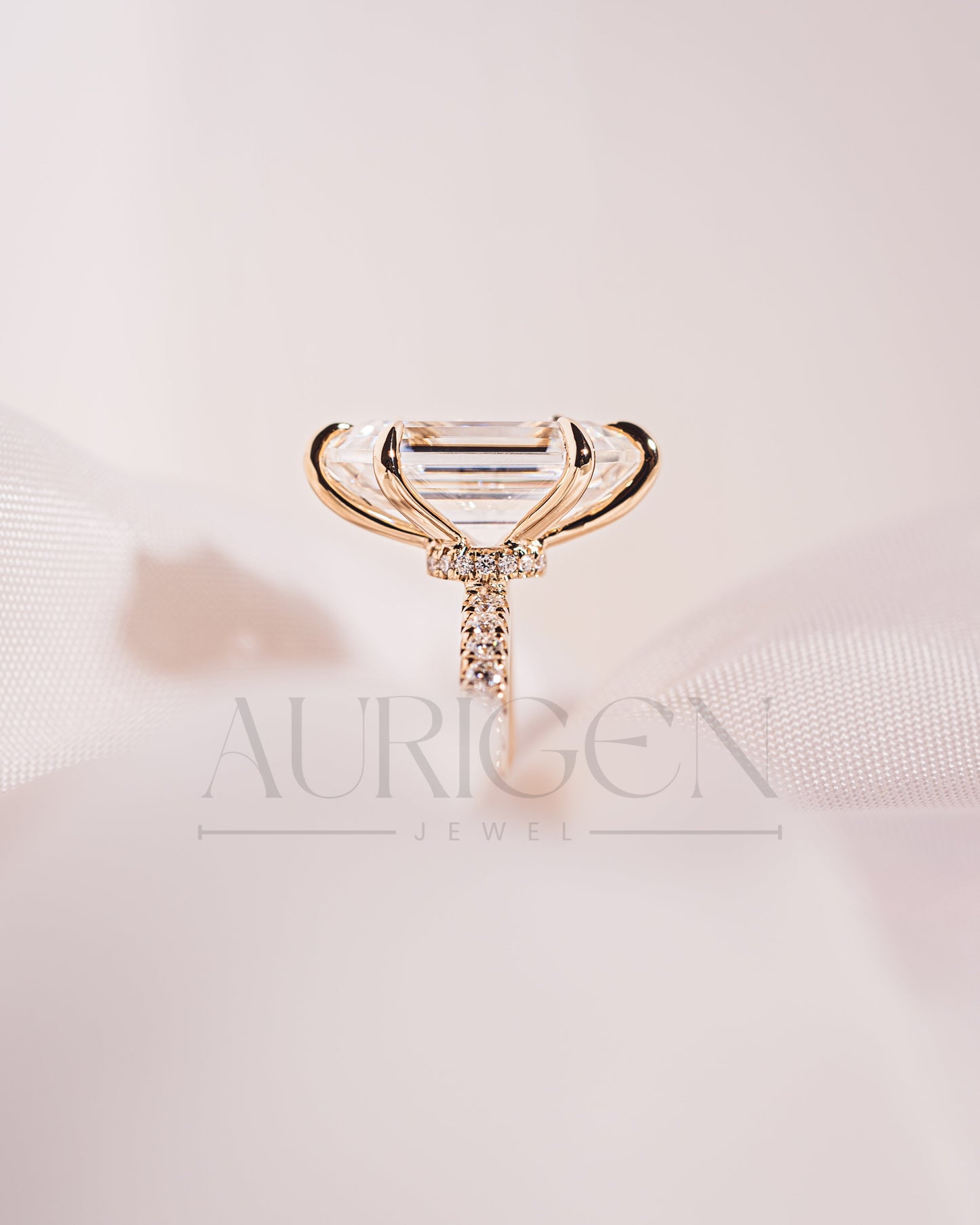 Elongated Hexagon Moissanite and Leb Ring Hidden Halo with Pave Band 14K Rose Gold