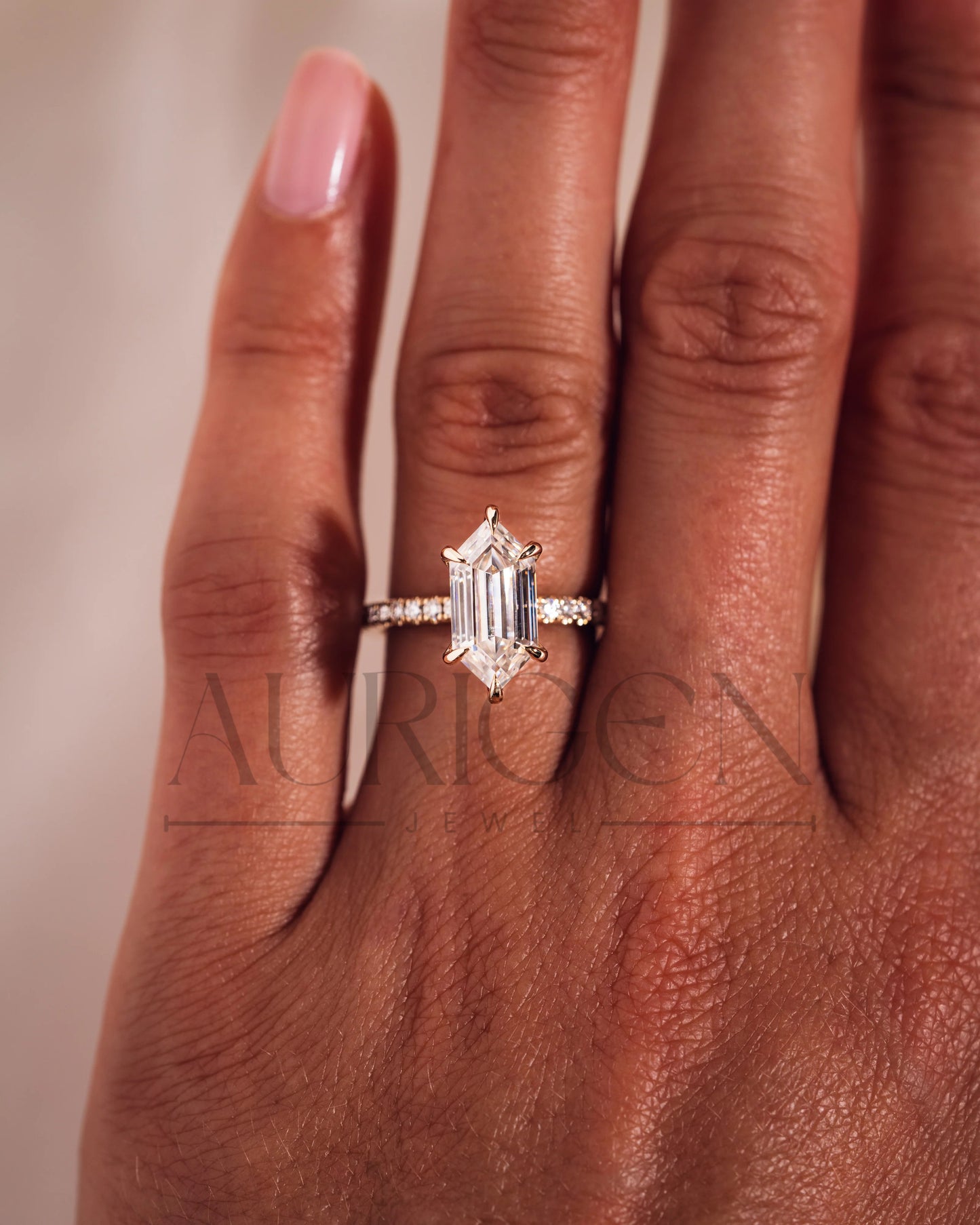 Elongated Hexagon Moissanite and Leb Ring Hidden Halo with Pave Band 14K Rose Gold