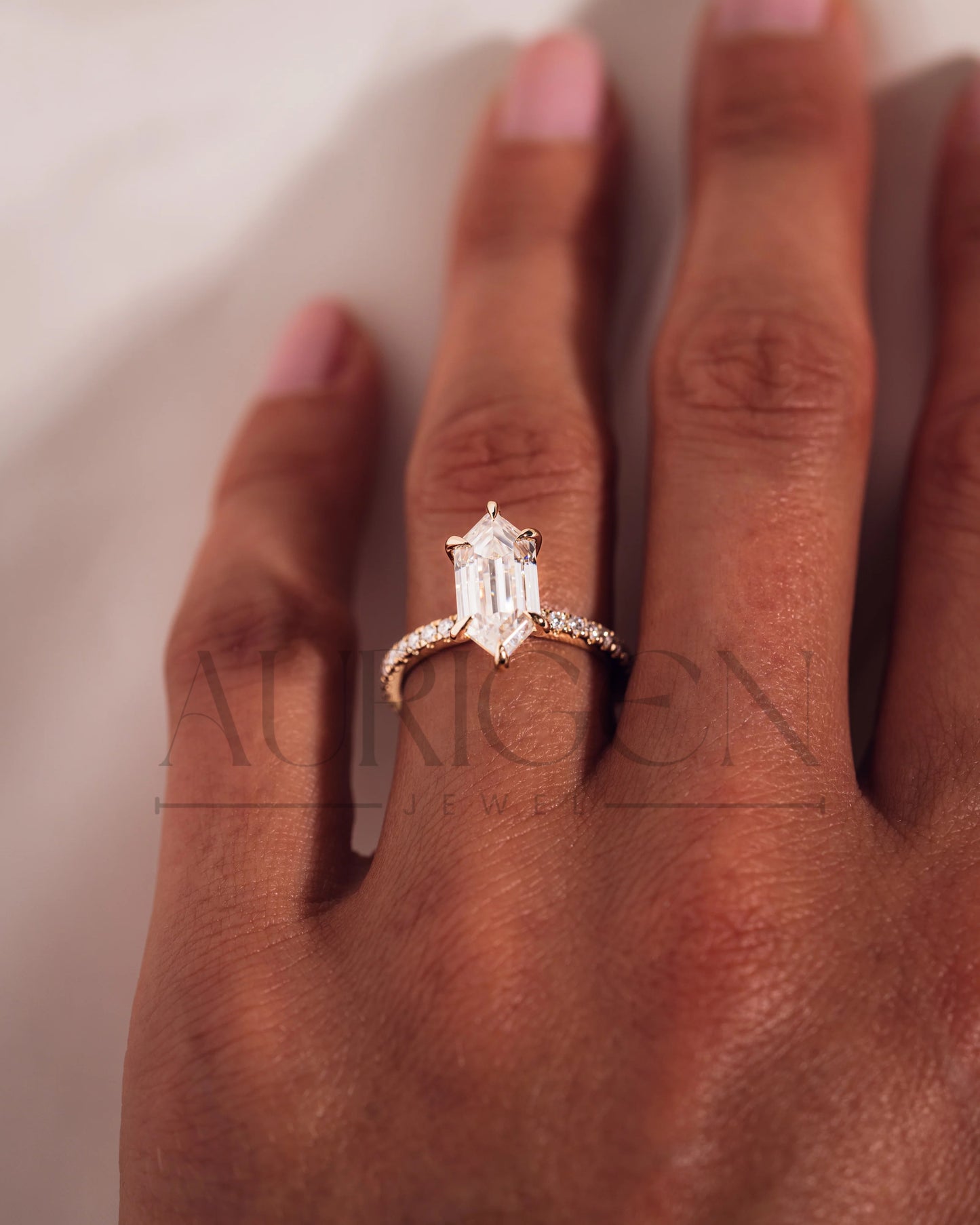 Elongated Hexagon Moissanite and Leb Ring Hidden Halo with Pave Band 14K Rose Gold