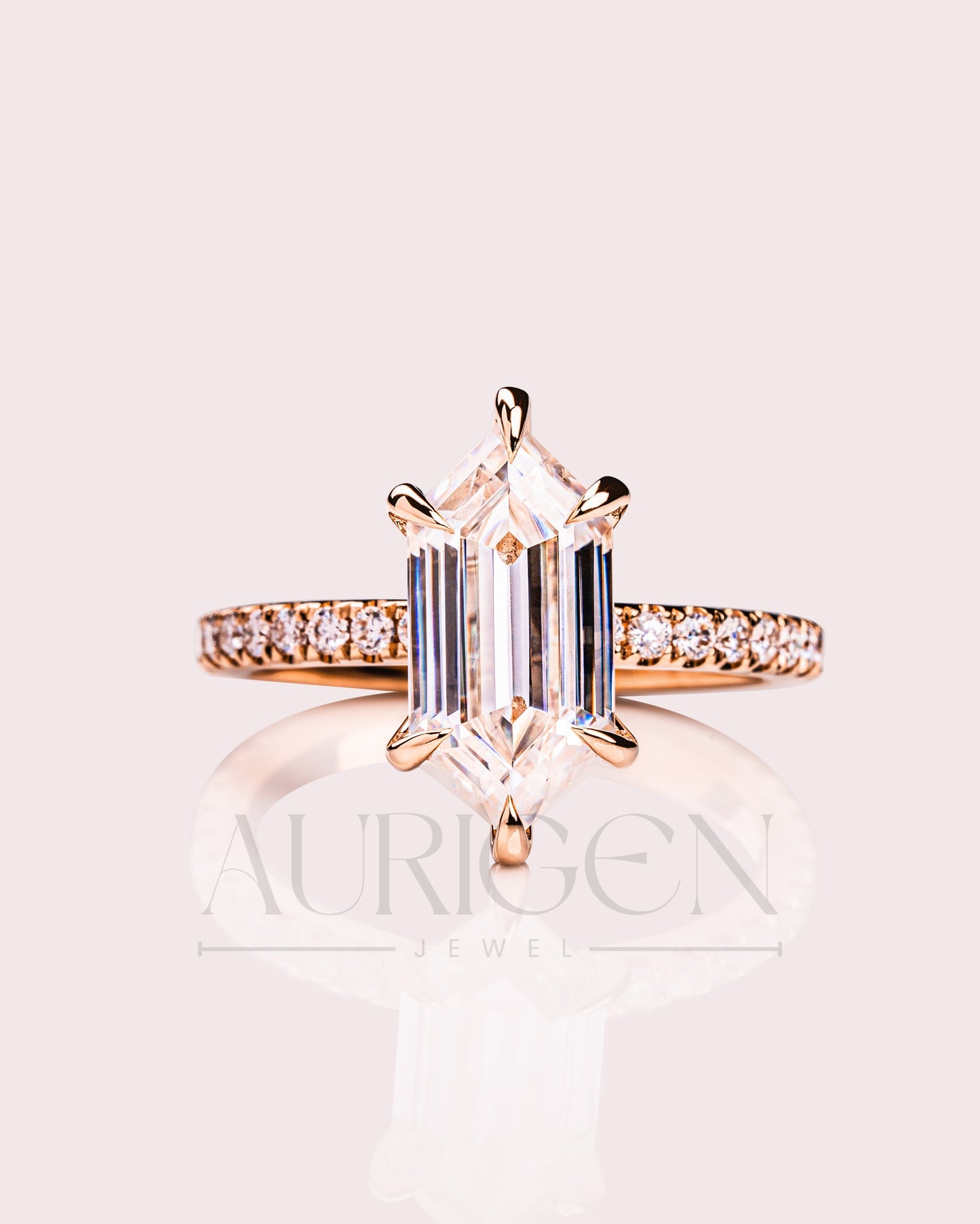 Elongated Hexagon Moissanite and Leb Ring Hidden Halo with Pave Band 14K Rose Gold