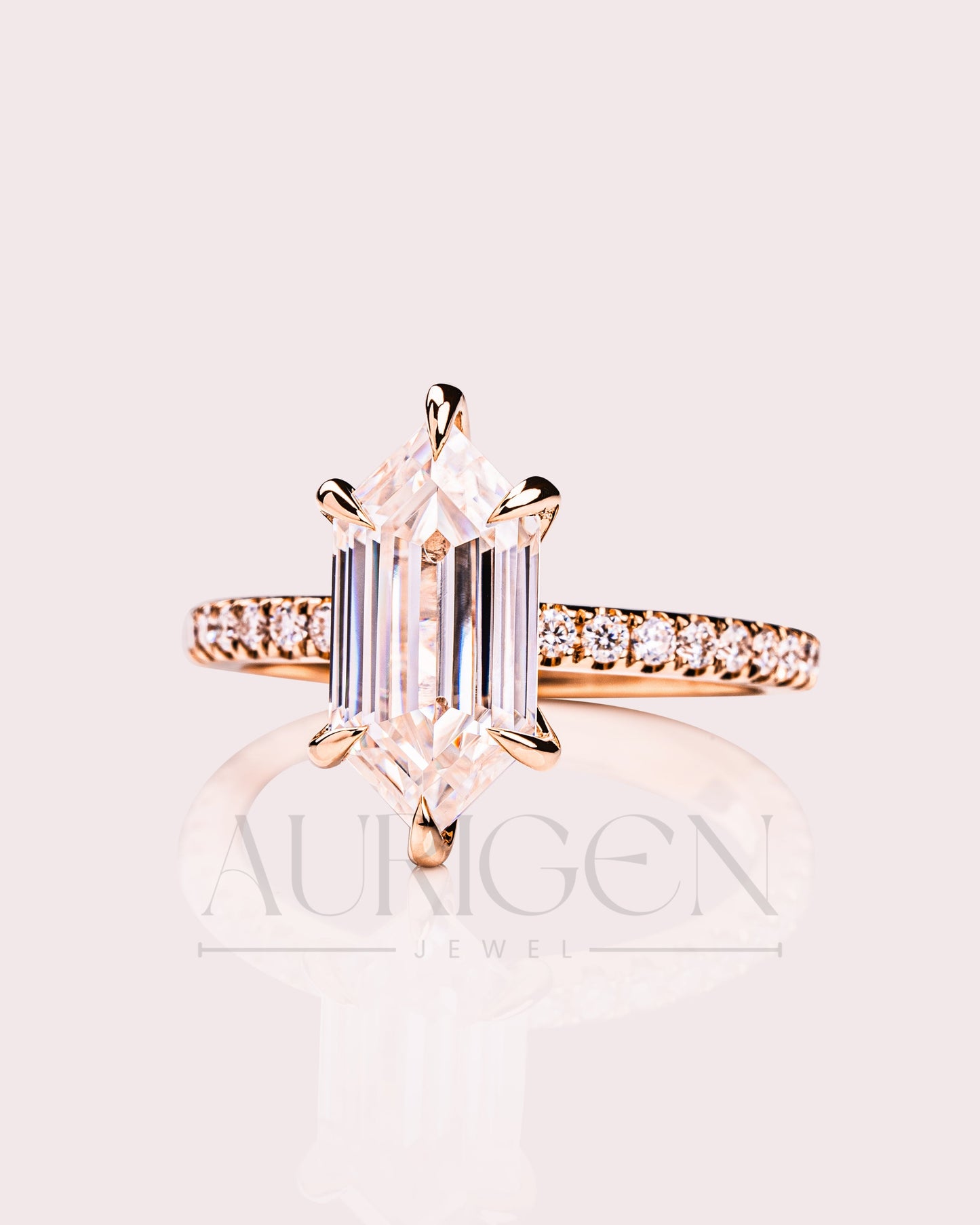 Elongated Hexagon Moissanite and Leb Ring Hidden Halo with Pave Band 14K Rose Gold