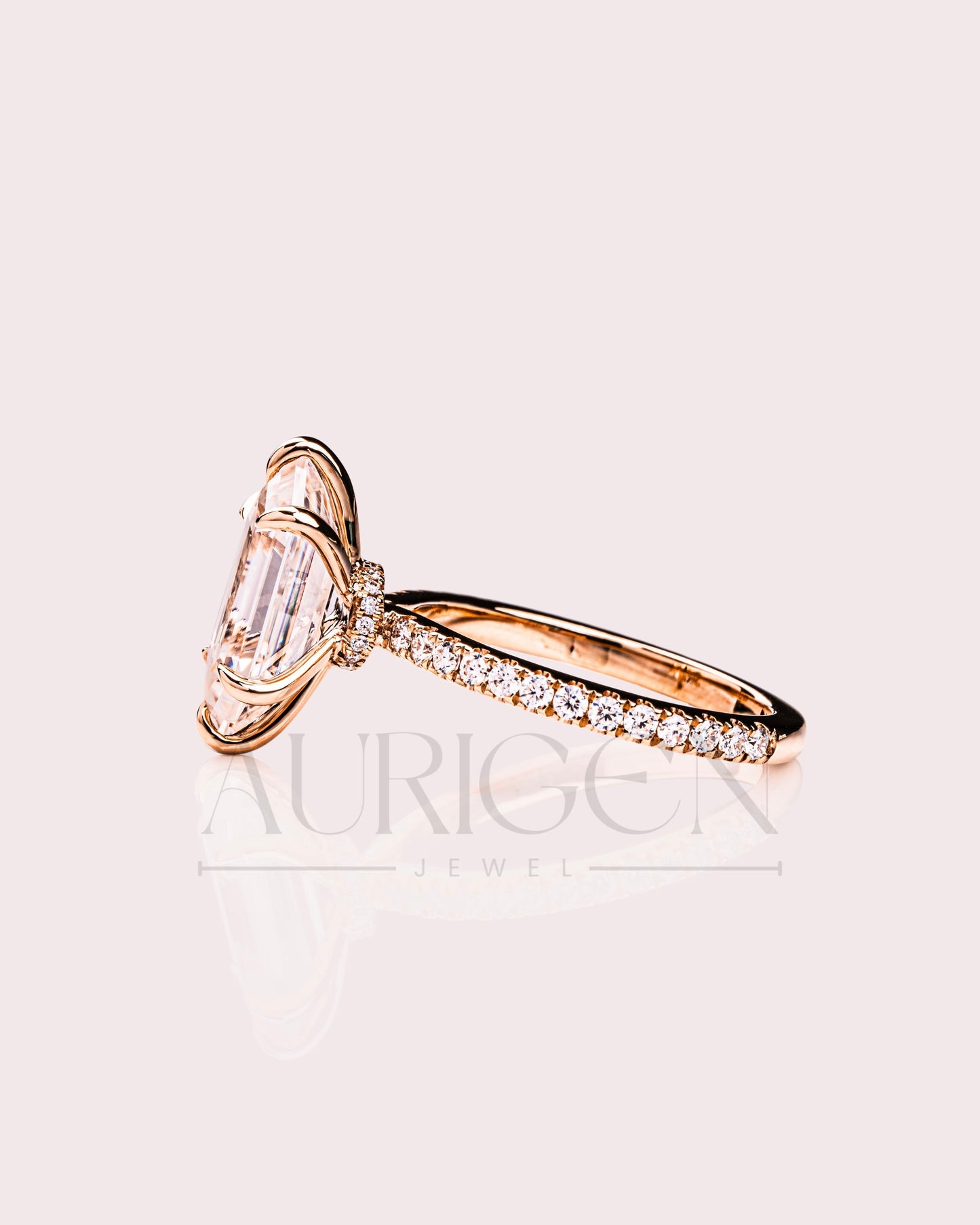 Elongated Hexagon Moissanite and Leb Ring Hidden Halo with Pave Band 14K Rose Gold