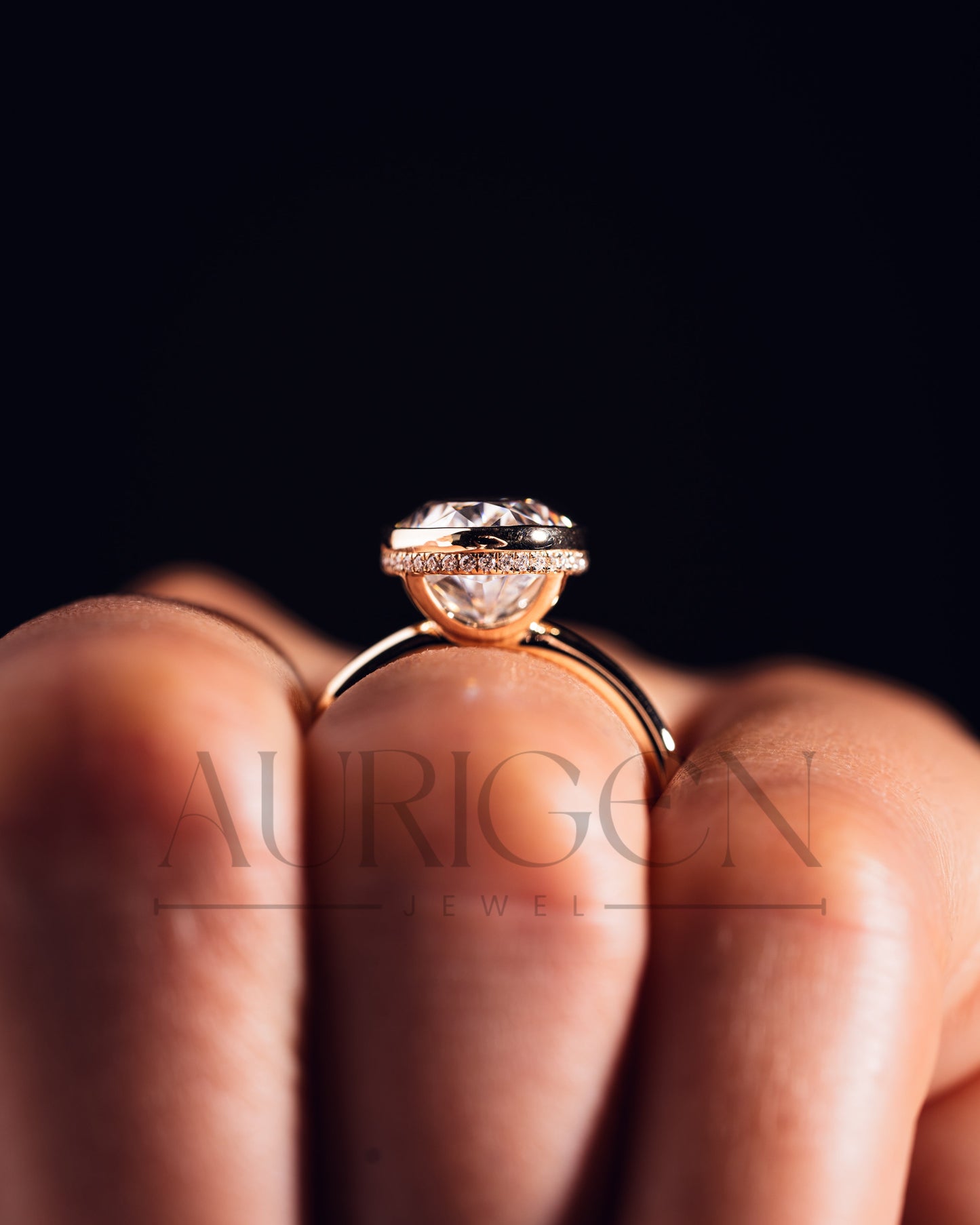 Modern Oval Cut Moissanite and Lab Grown Diamond Bezel Solitaire Ring in 14K Rose Gold