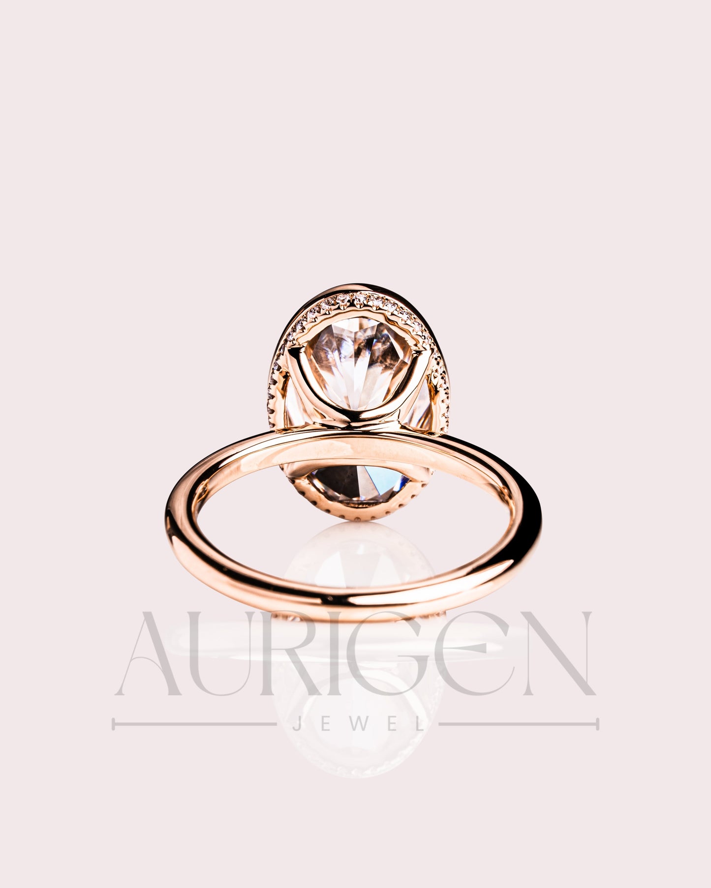 Modern Oval Cut Moissanite and Lab Grown Diamond Bezel Solitaire Ring in 14K Rose Gold
