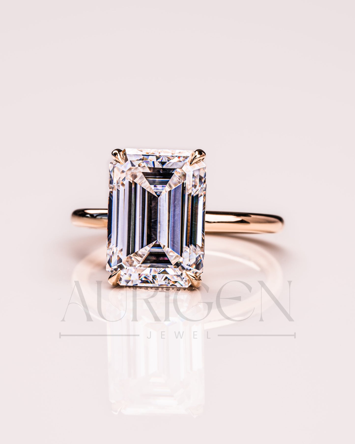 Emerald Cut Moissanite and Leb Engagement Ring with Hidden Halo Diamond in 14k Solid Gold