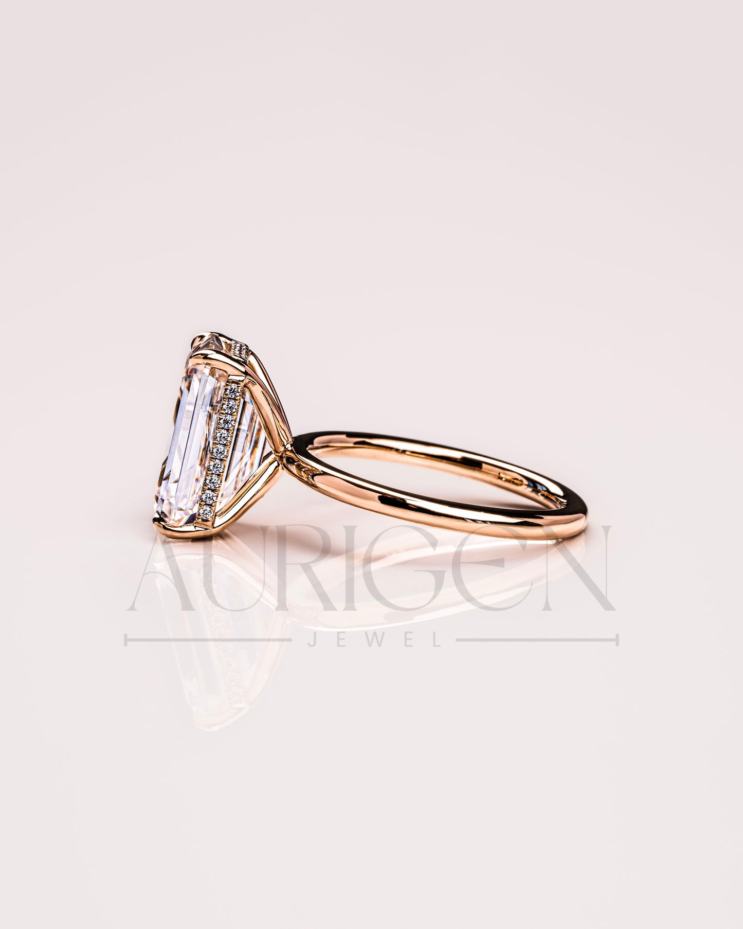 Emerald Cut Moissanite and Leb Engagement Ring with Hidden Halo Diamond in 14k Solid Gold