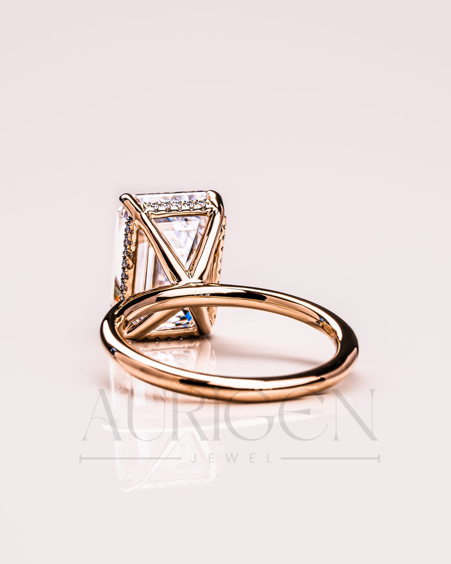 Emerald Cut Moissanite and Leb Engagement Ring with Hidden Halo Diamond in 14k Solid Gold