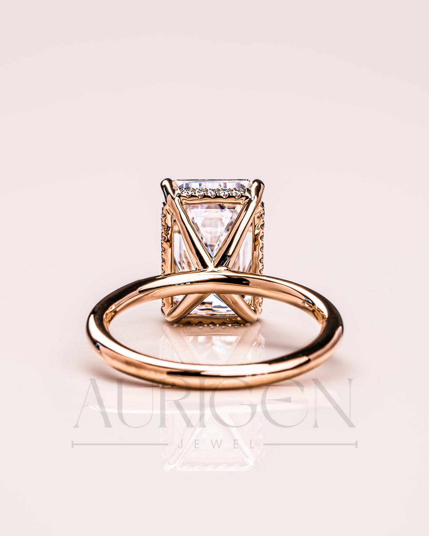 Emerald Cut Moissanite and Leb Engagement Ring with Hidden Halo Diamond in 14k Solid Gold