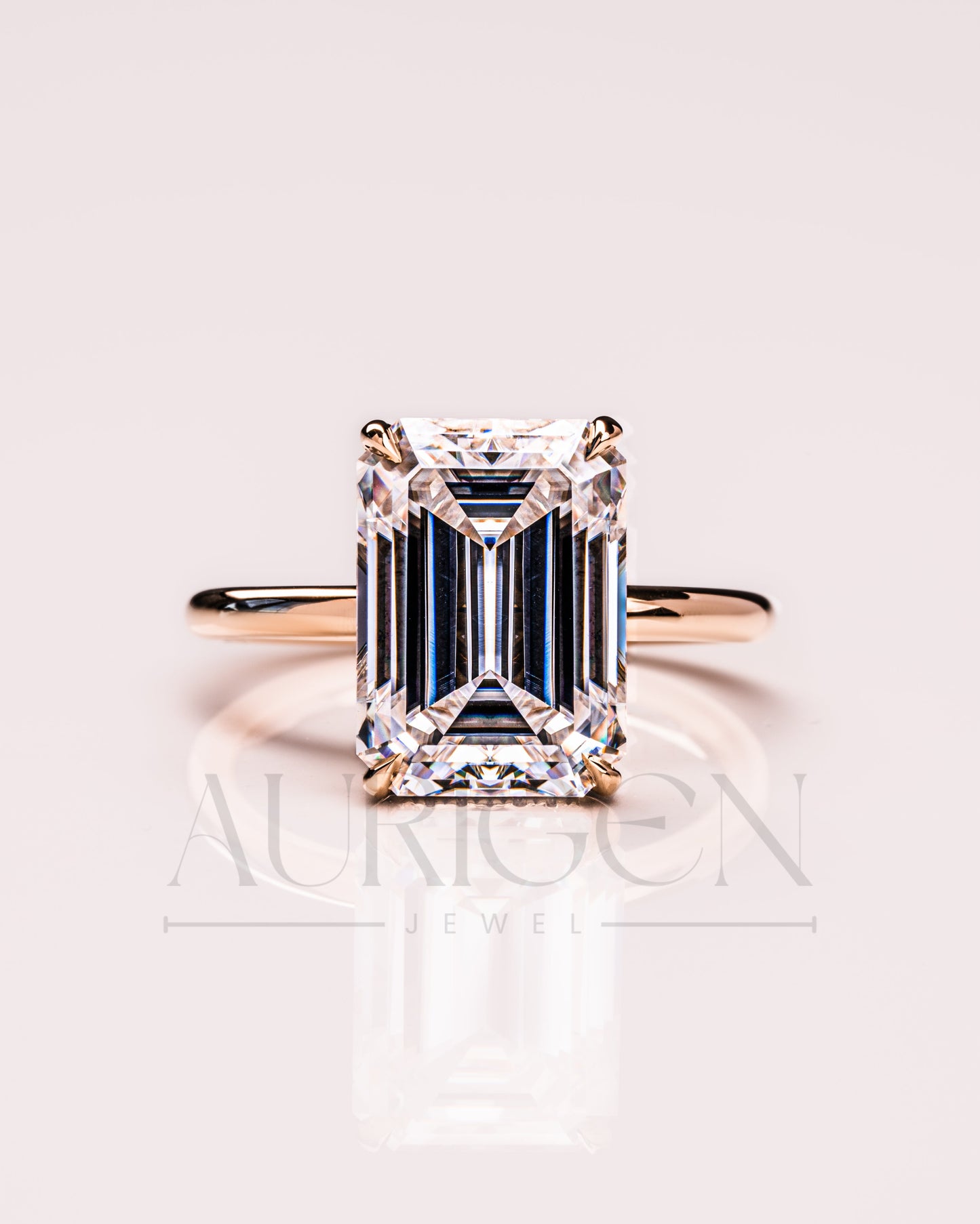 Emerald Cut Moissanite and Leb Engagement Ring with Hidden Halo Diamond in 14k Solid Gold