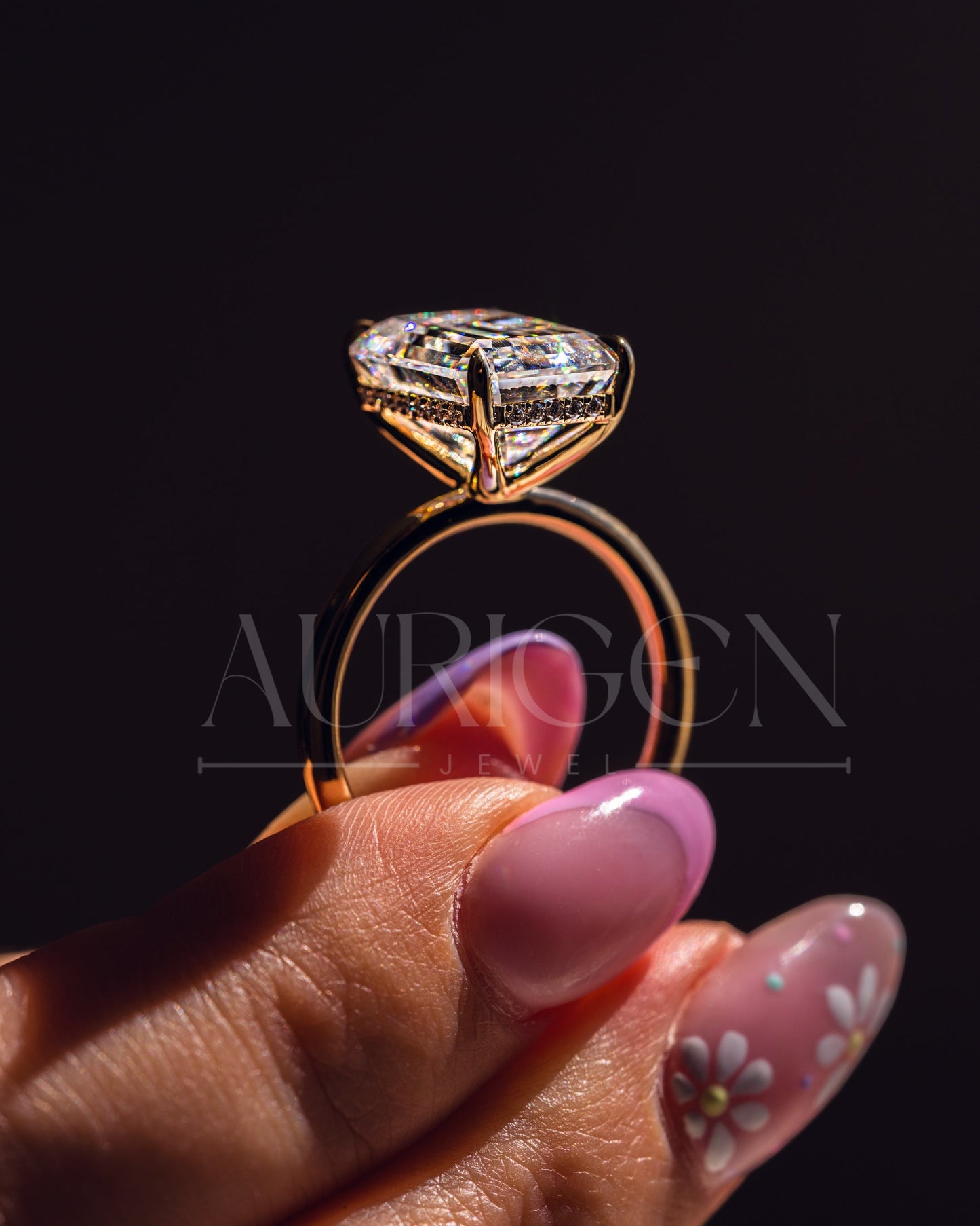 Emerald Cut Moissanite and Leb Engagement Ring with Hidden Halo Diamond in 14k Solid Gold