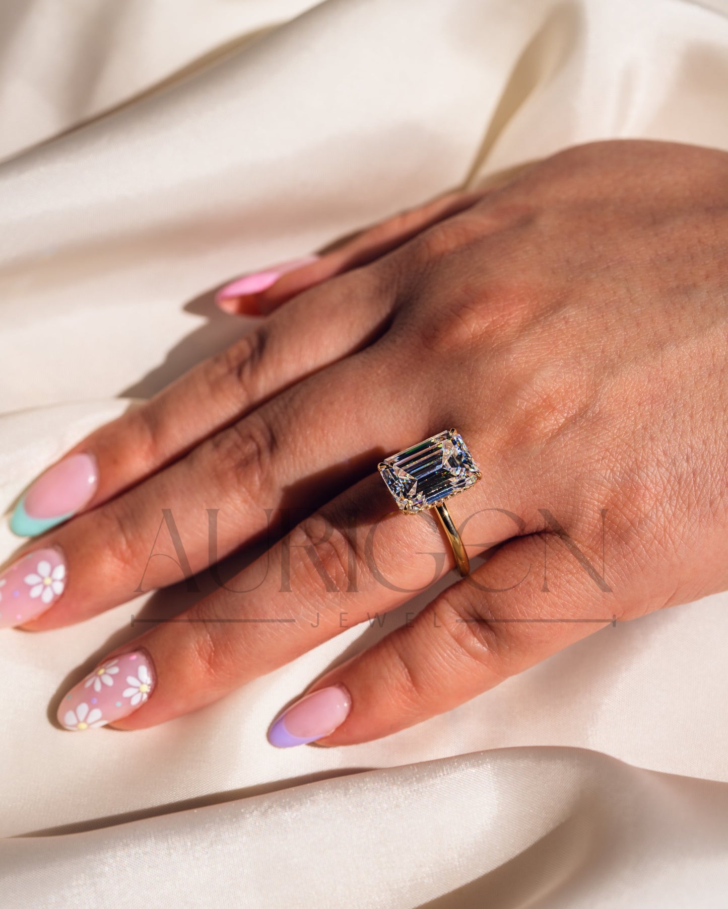 Emerald Cut Moissanite and Leb Engagement Ring with Hidden Halo Diamond in 14k Solid Gold