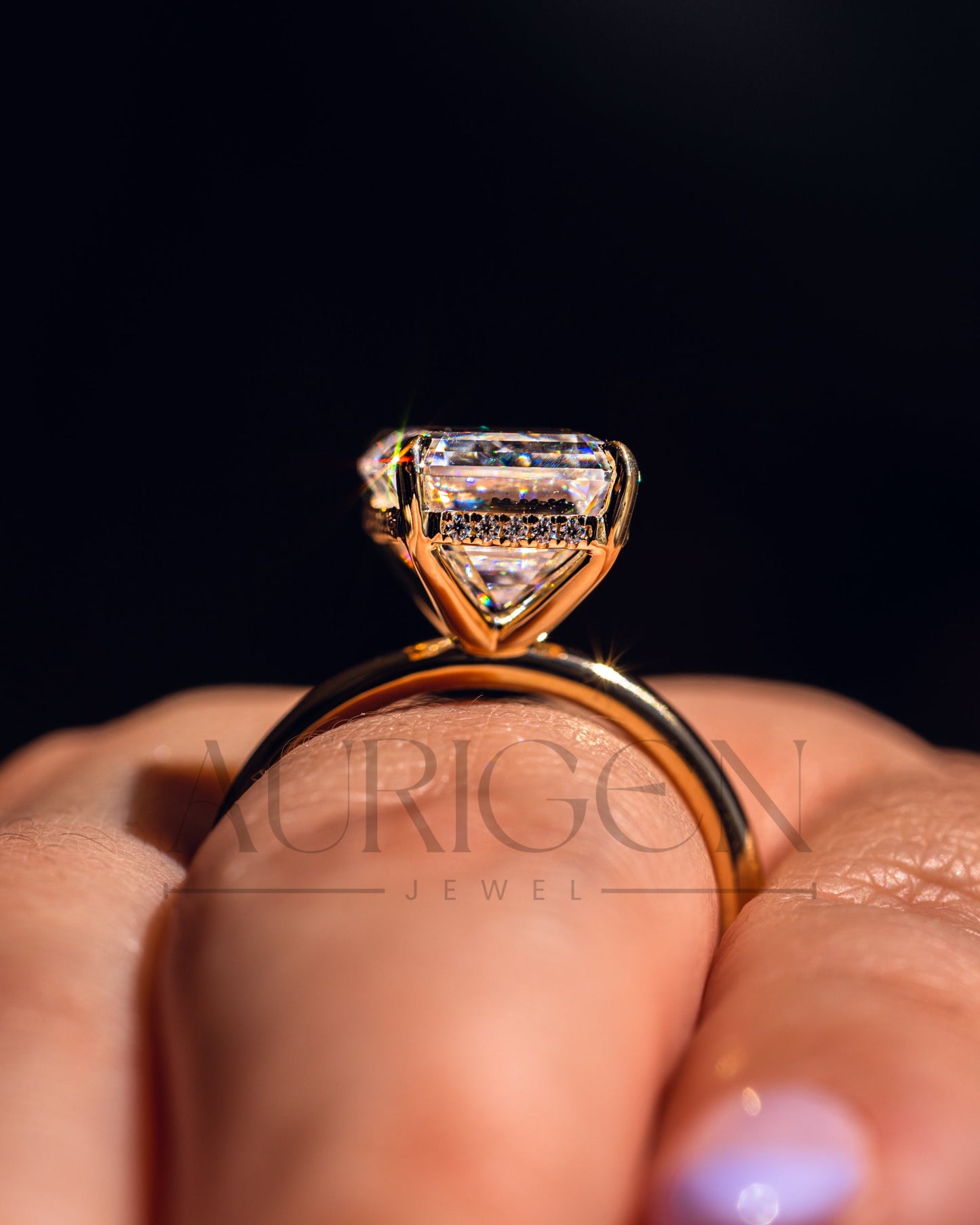 Emerald Cut Moissanite and Leb Engagement Ring with Hidden Halo Diamond in 14k Solid Gold