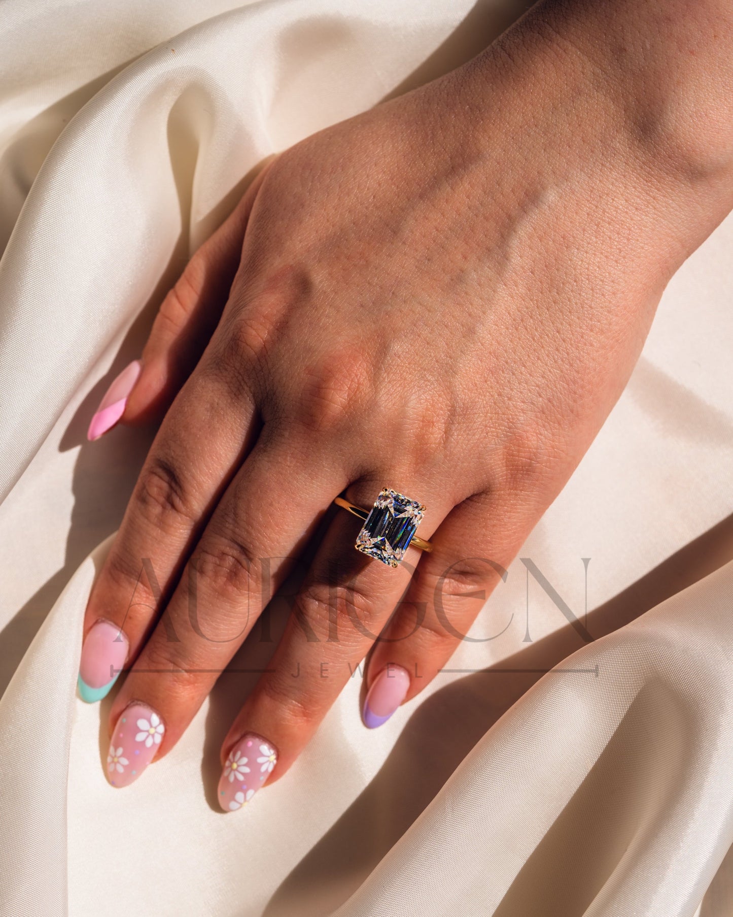 Emerald Cut Moissanite and Leb Engagement Ring with Hidden Halo Diamond in 14k Solid Gold
