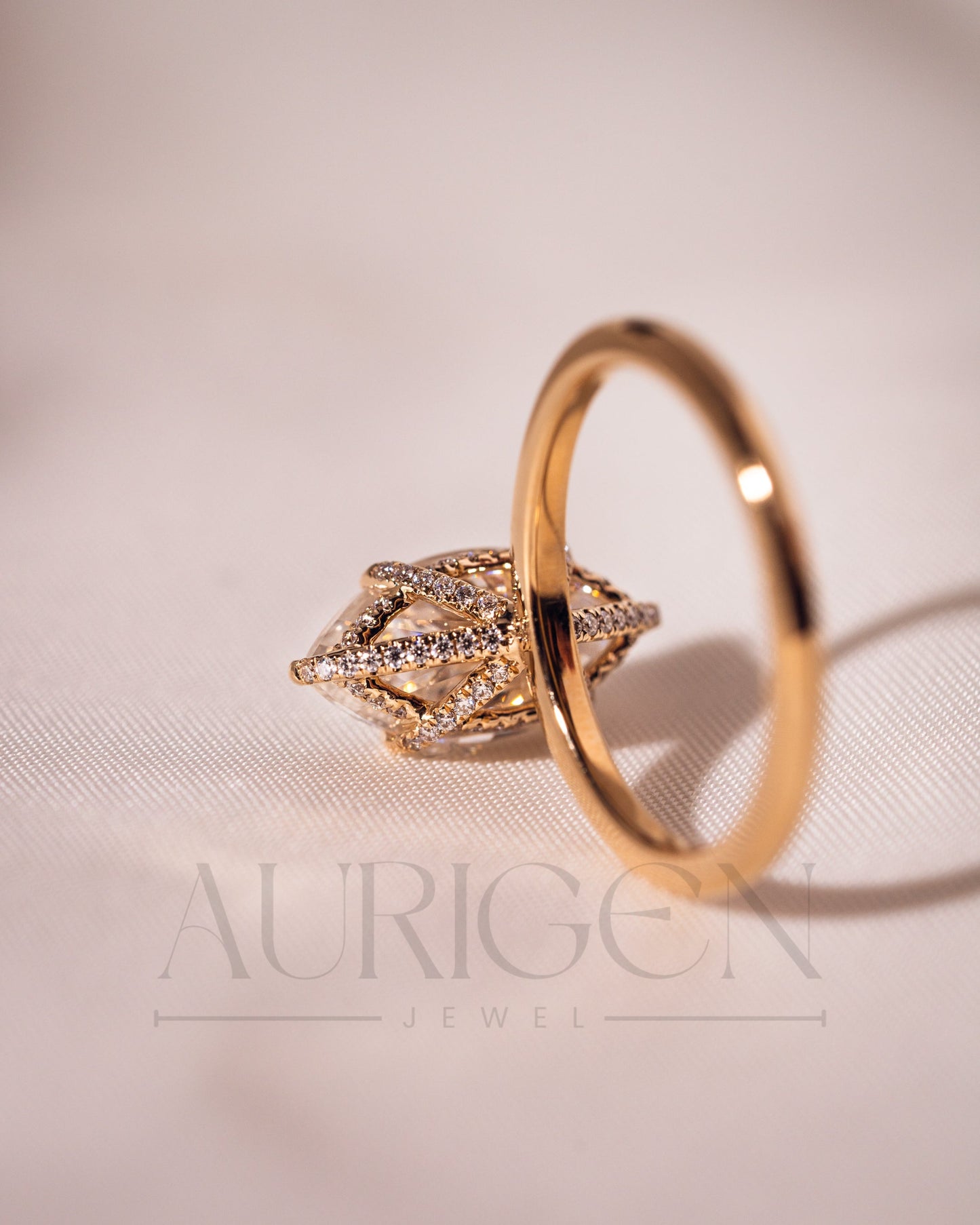 Elegant Marquise Cut Moissanite and Lab Grown Diamond Ring in 14k Yellow Gold