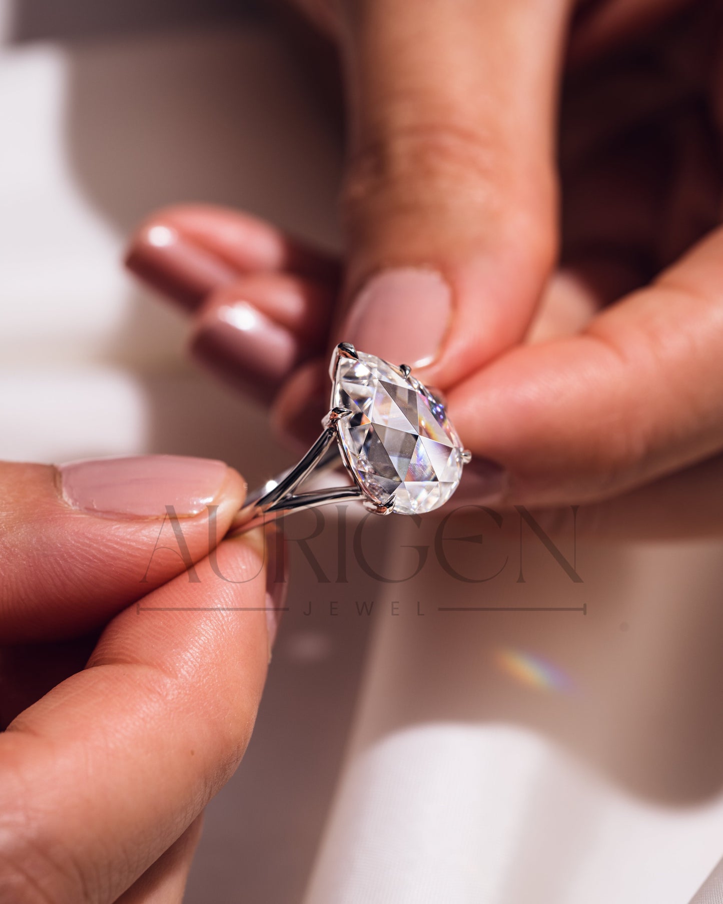 Dazzling Rose Cut Pear Lab Grown and Moissanite Diamond Solitaire Ring