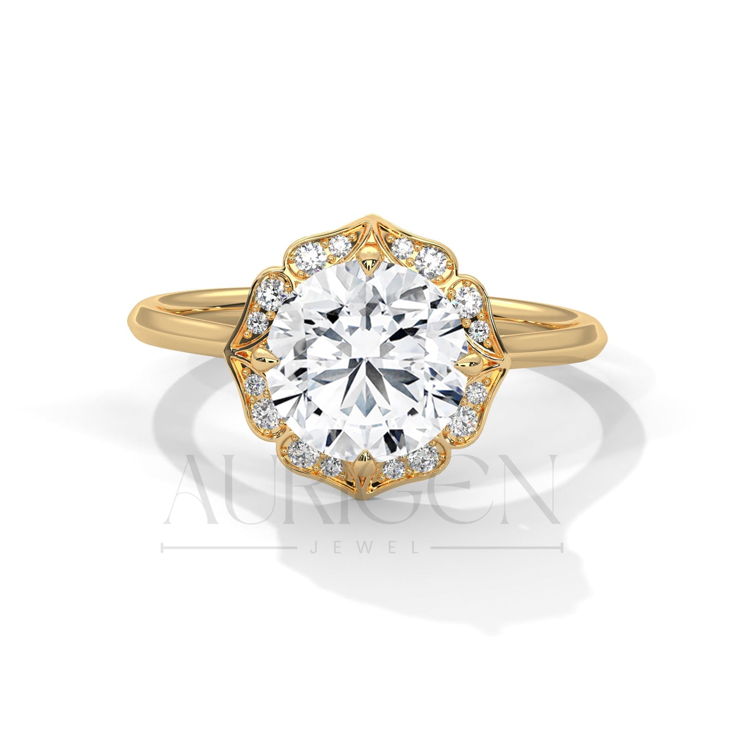 Floral Halo 2.00 CT Round Cut Diamond 14K Solid Gold Engagement Ring