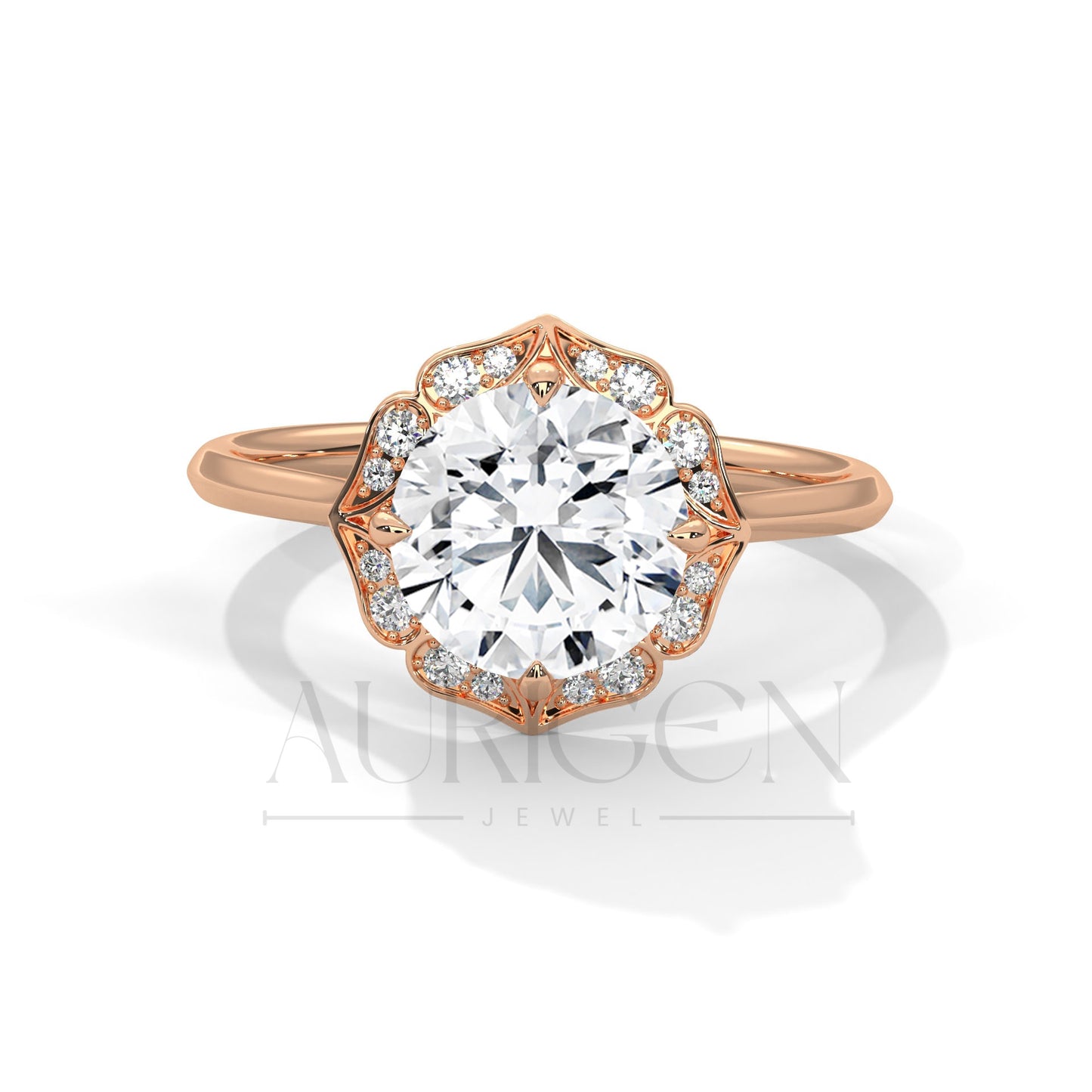Floral Halo 2.00 CT Round Cut Diamond 14K Solid Gold Engagement Ring
