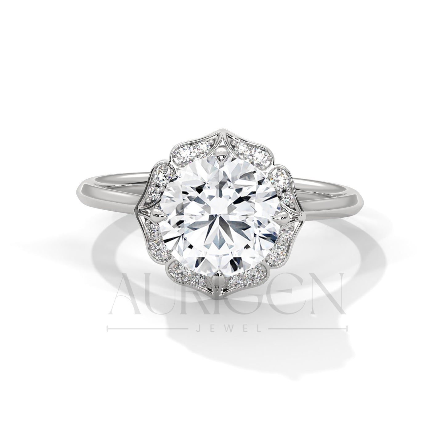 Floral Halo 2.00 CT Round Cut Diamond 14K Solid Gold Engagement Ring
