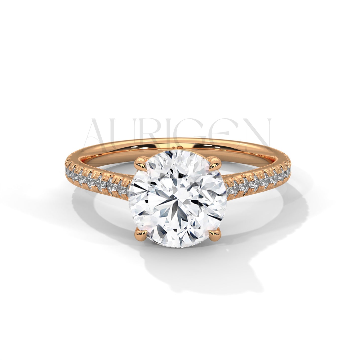 Round Cut Moissanite Diamond Ring With Pave Set Diamond in 14K Solid Gold