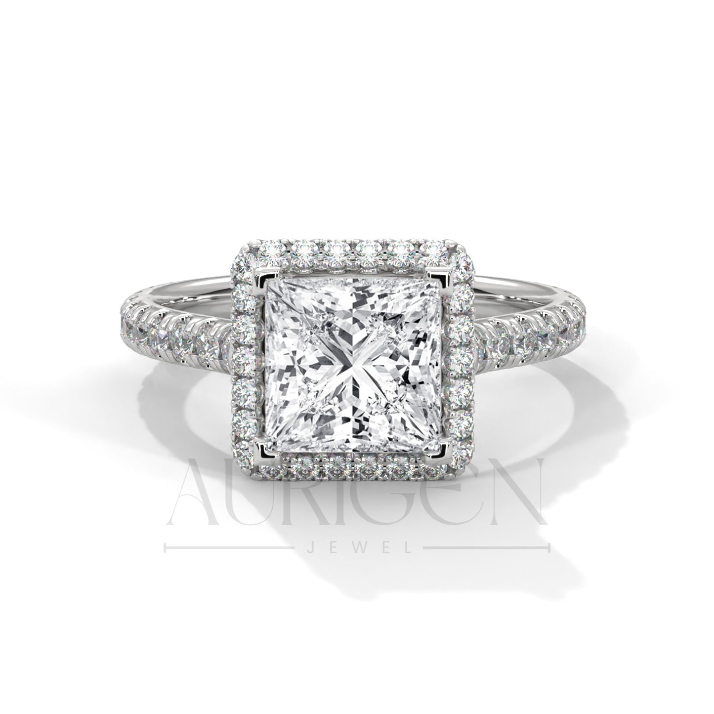 Dazzling Princess Cut Diamond Ring with Halo and Pave Shank