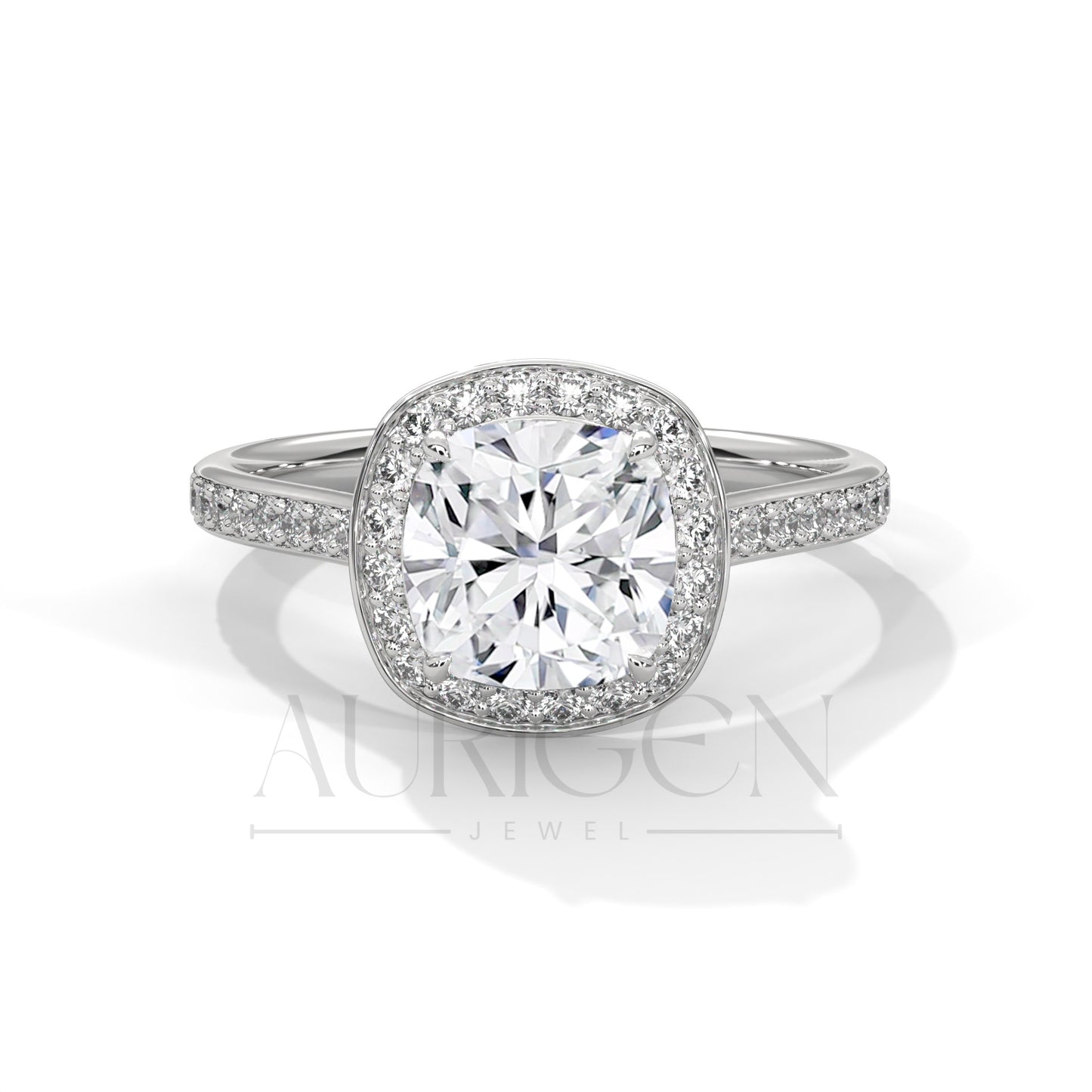 2 Ct Cushion Halo Diamond Engagement Ring with Pave Band in White Gold