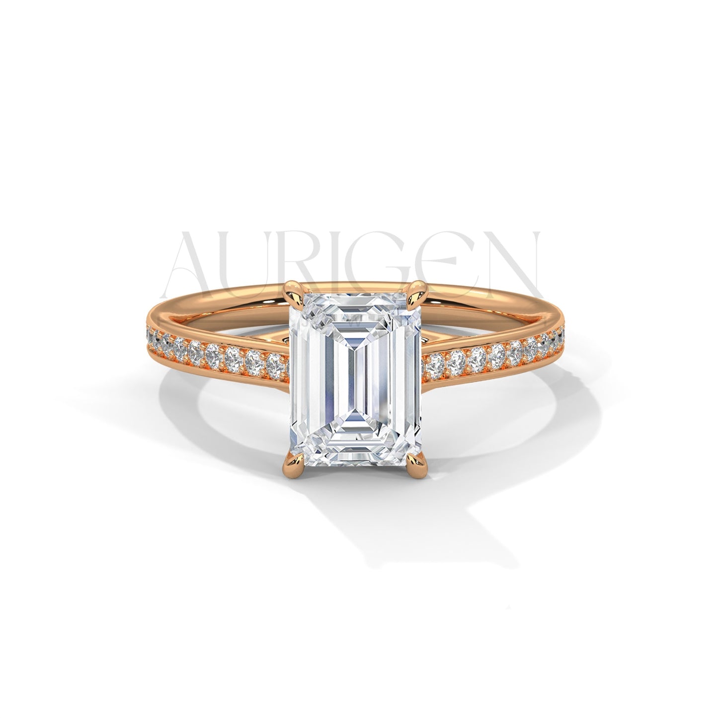 Emerald Cut Diamond Engagement Ring in 14K Solid Gold with Classic Pave Band