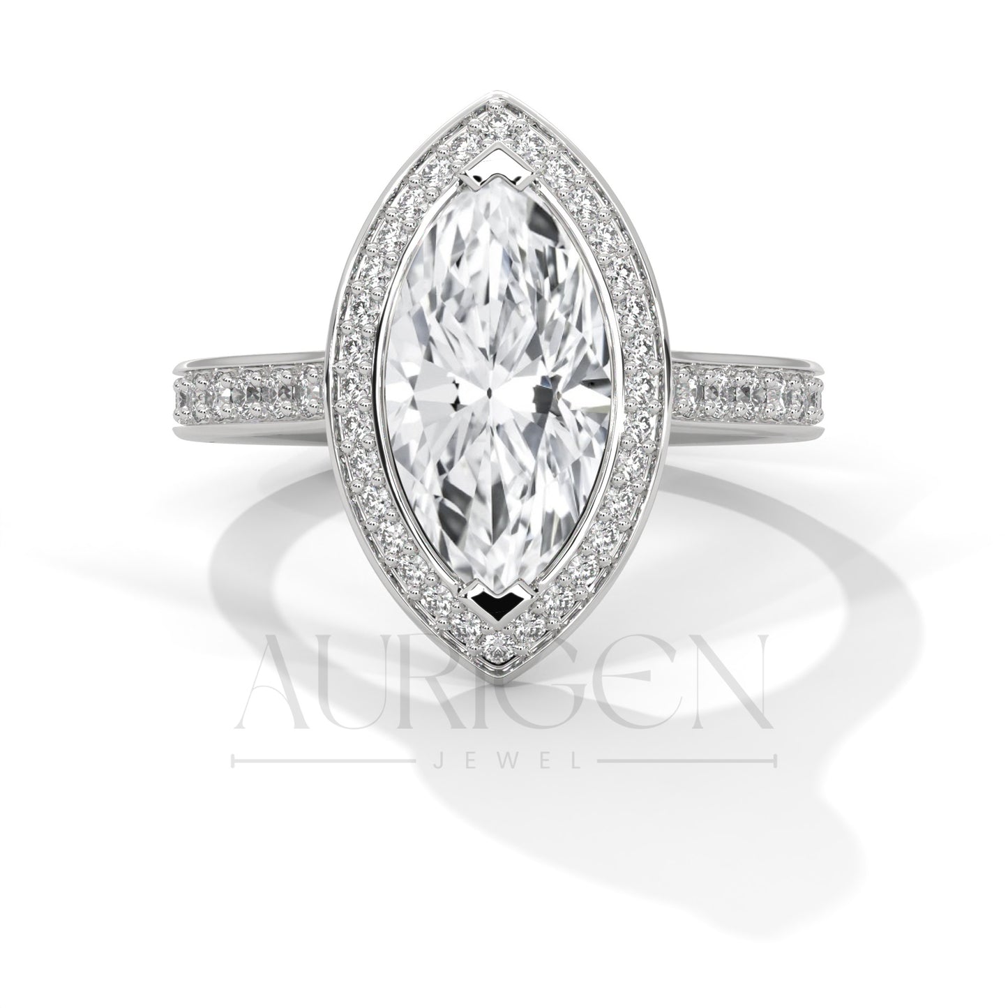 2 Ct Marquise Cut Diamond Ring with Halo and Pave Set Band