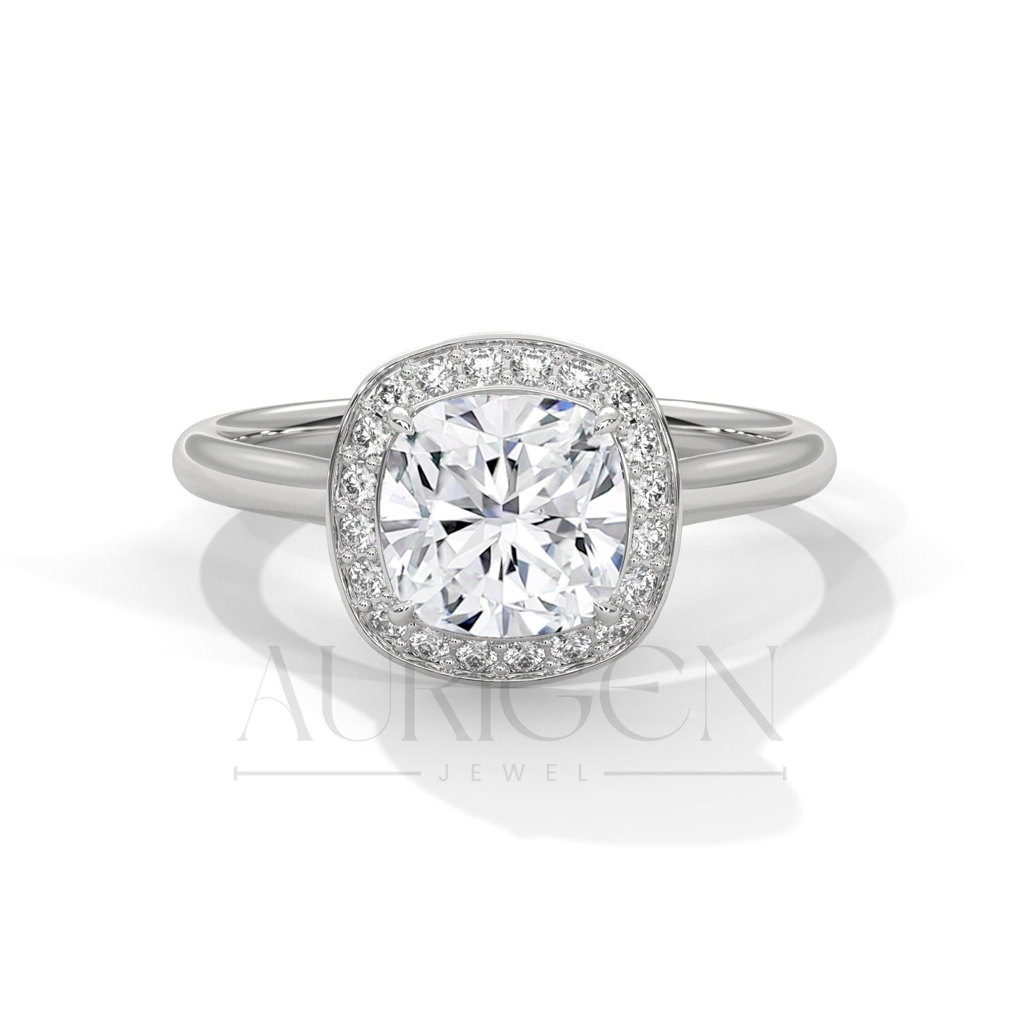 Cushion Halo Diamond Engagement Ring in 14K White Gold with Pave Accents