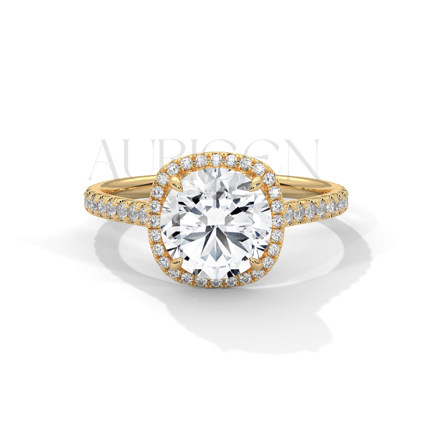 Round Brilliant Diamond Halo Engagement Ring in 14K Solid Gold with Pave Band