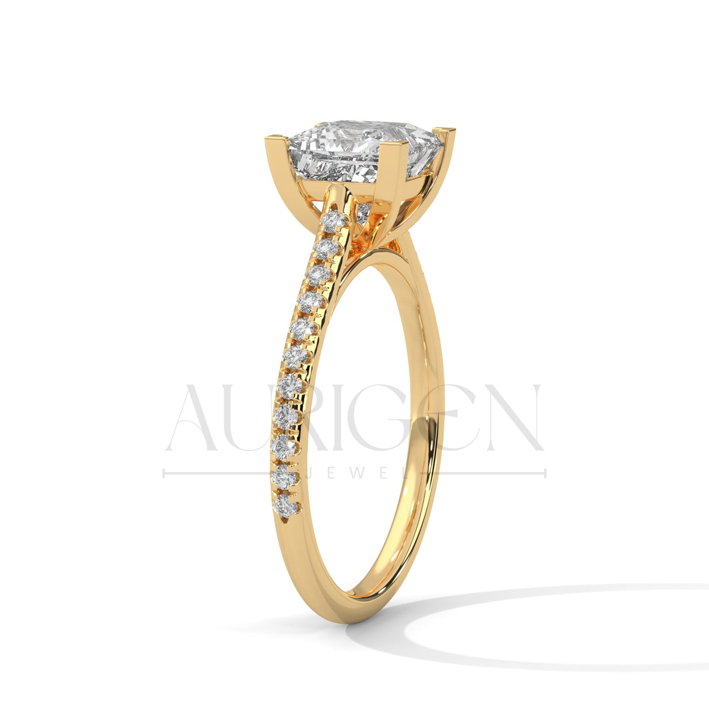 14K Solid Gold Engagement Ring with Princess Center and Pave Diamonds