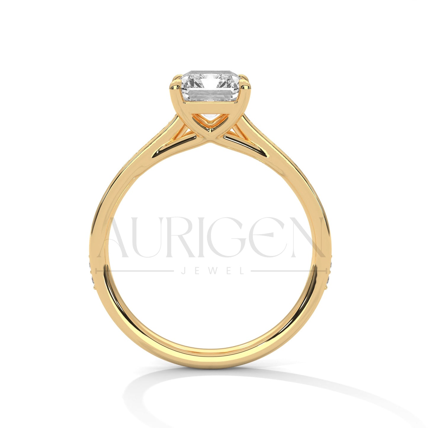 Emerald Cut Diamond Engagement Ring in 14K Solid Gold with Classic Pave Band