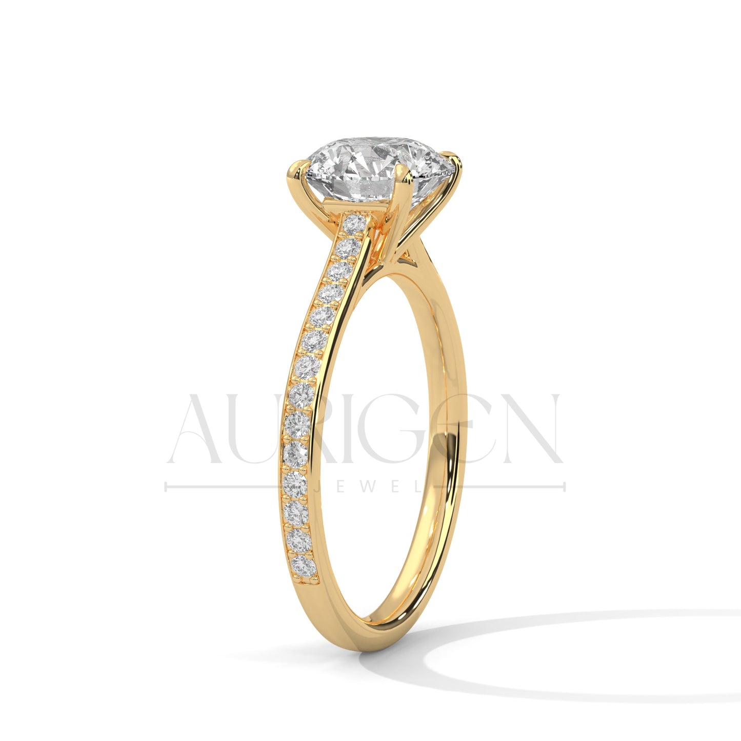 14K White Gold Round Solitaire Diamond Ring with Elegant Pave Design