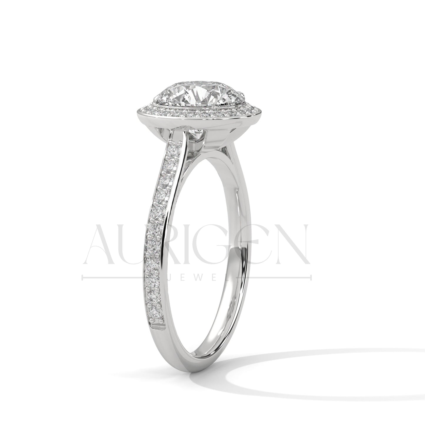 Round Halo Diamond Engagement Ring with Pave Band in 14K White Gold