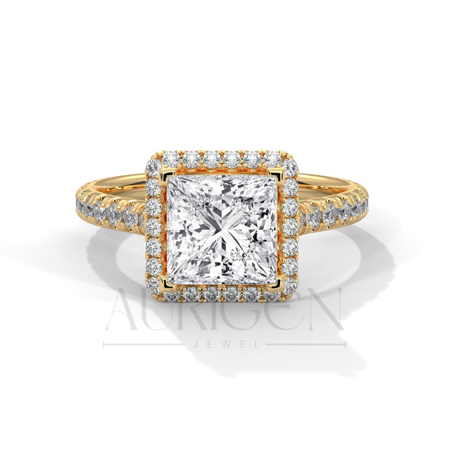 Dazzling Princess Cut Diamond Ring with Halo and Pave Shank