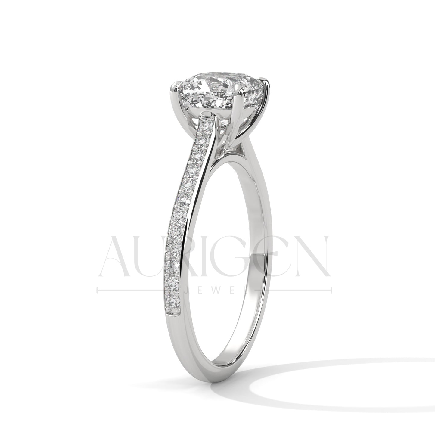 2 Ct Cushion Cut Diamond Engagement Ring with Pave Band in 14K White Gold