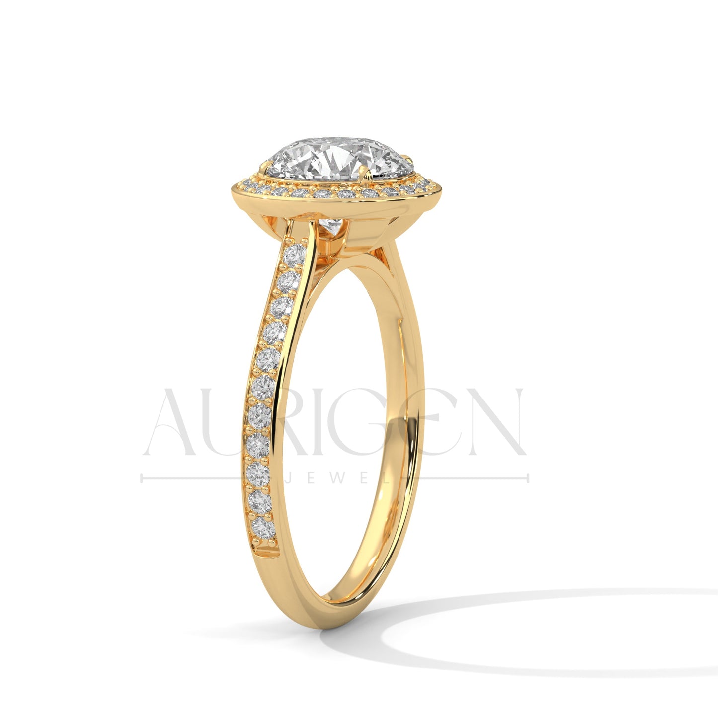 Round Halo Diamond Engagement Ring with Pave Band in 14K White Gold