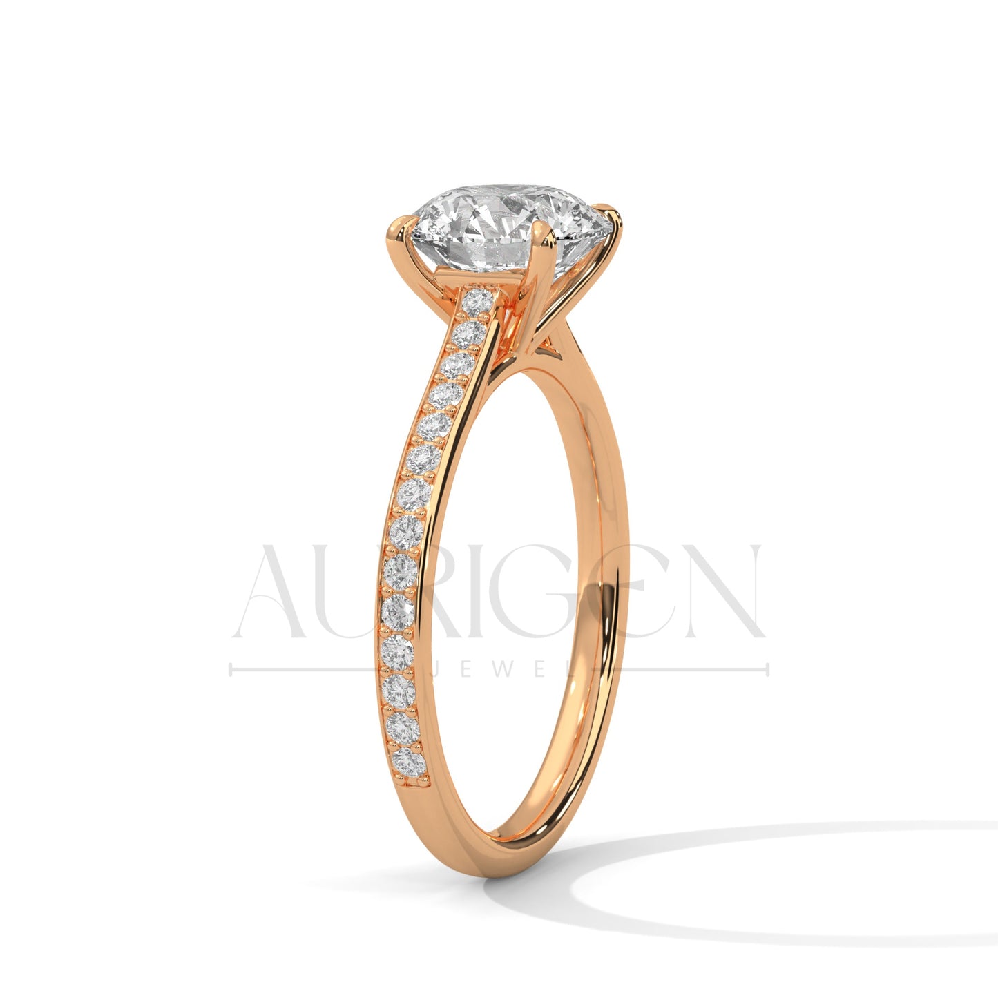 14K White Gold Round Solitaire Diamond Ring with Elegant Pave Design