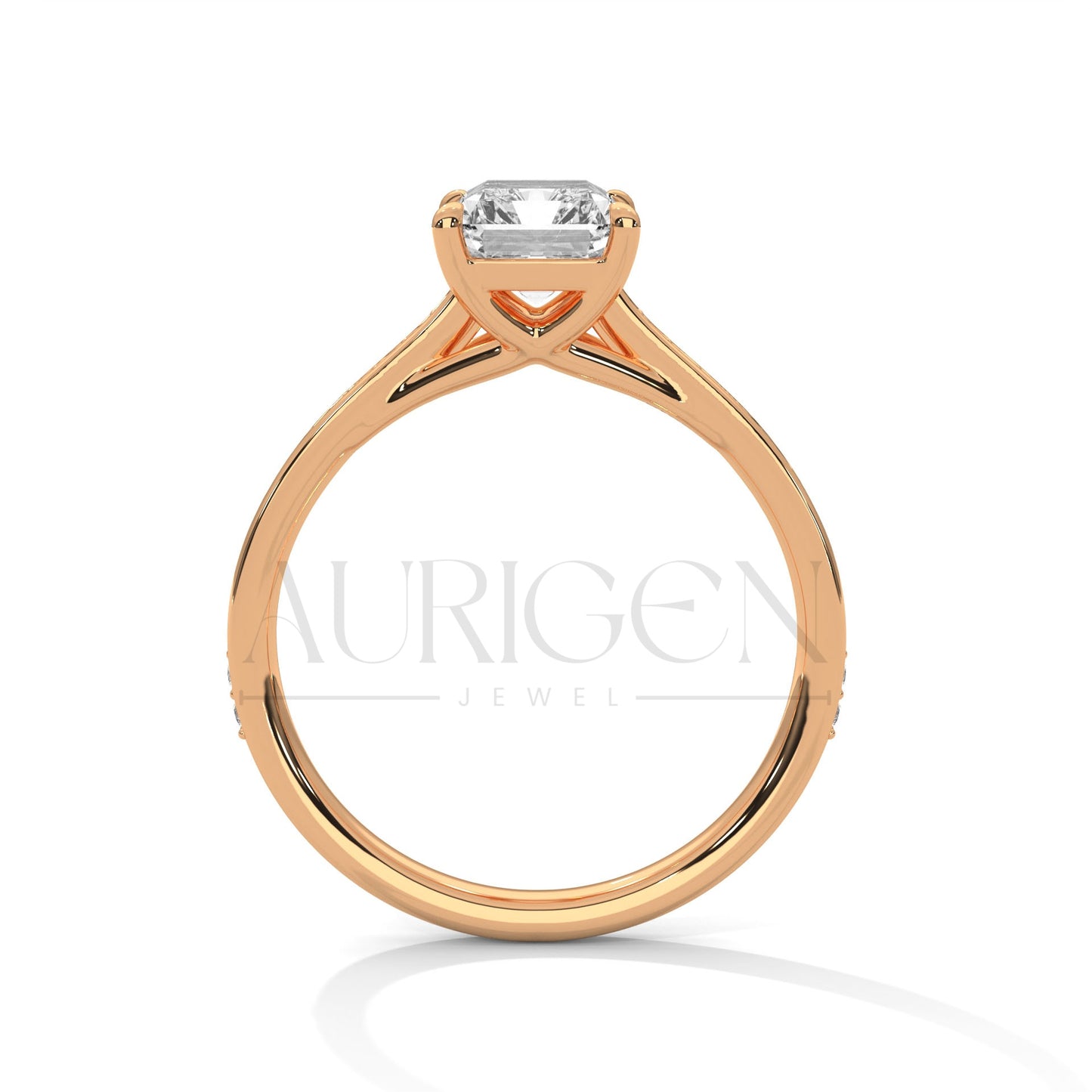 Emerald Cut Diamond Engagement Ring in 14K Solid Gold with Classic Pave Band