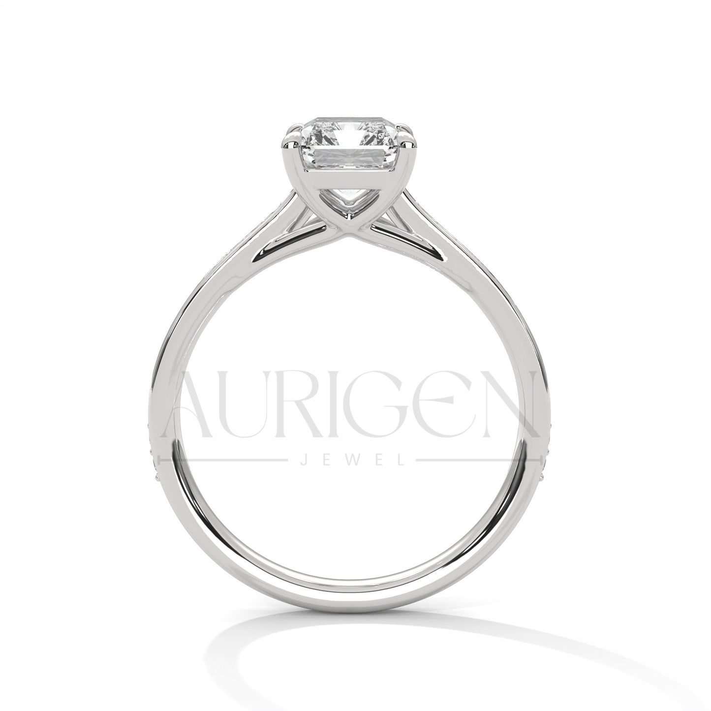 Emerald Cut Diamond Engagement Ring in 14K Solid Gold with Classic Pave Band