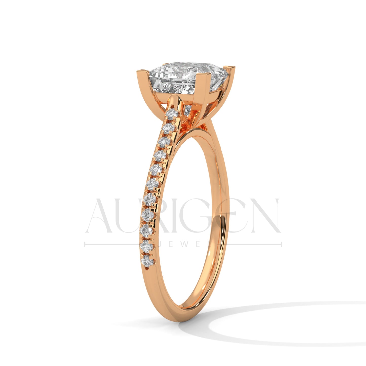 14K Solid Gold Engagement Ring with Princess Center and Pave Diamonds
