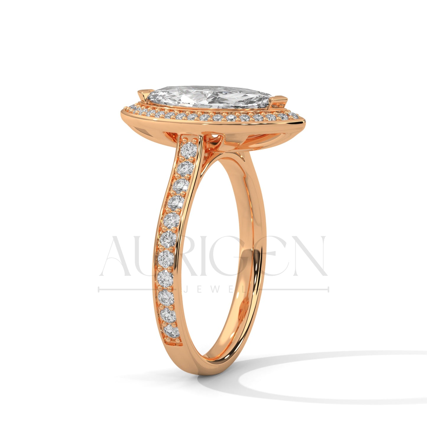 2 Ct Marquise Cut Diamond Ring with Halo and Pave Set Band