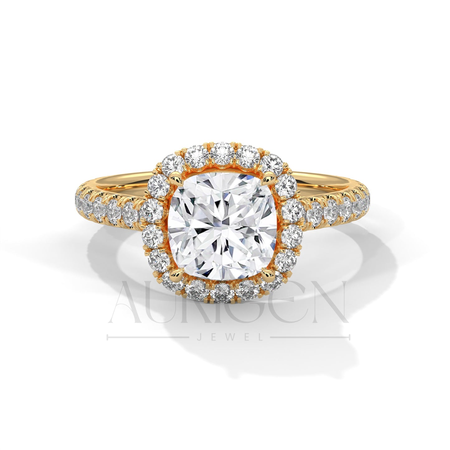Luxurious Cushion Cut Engagement Ring with Halo and Pave Diamonds In 14K Solid Gold Ring