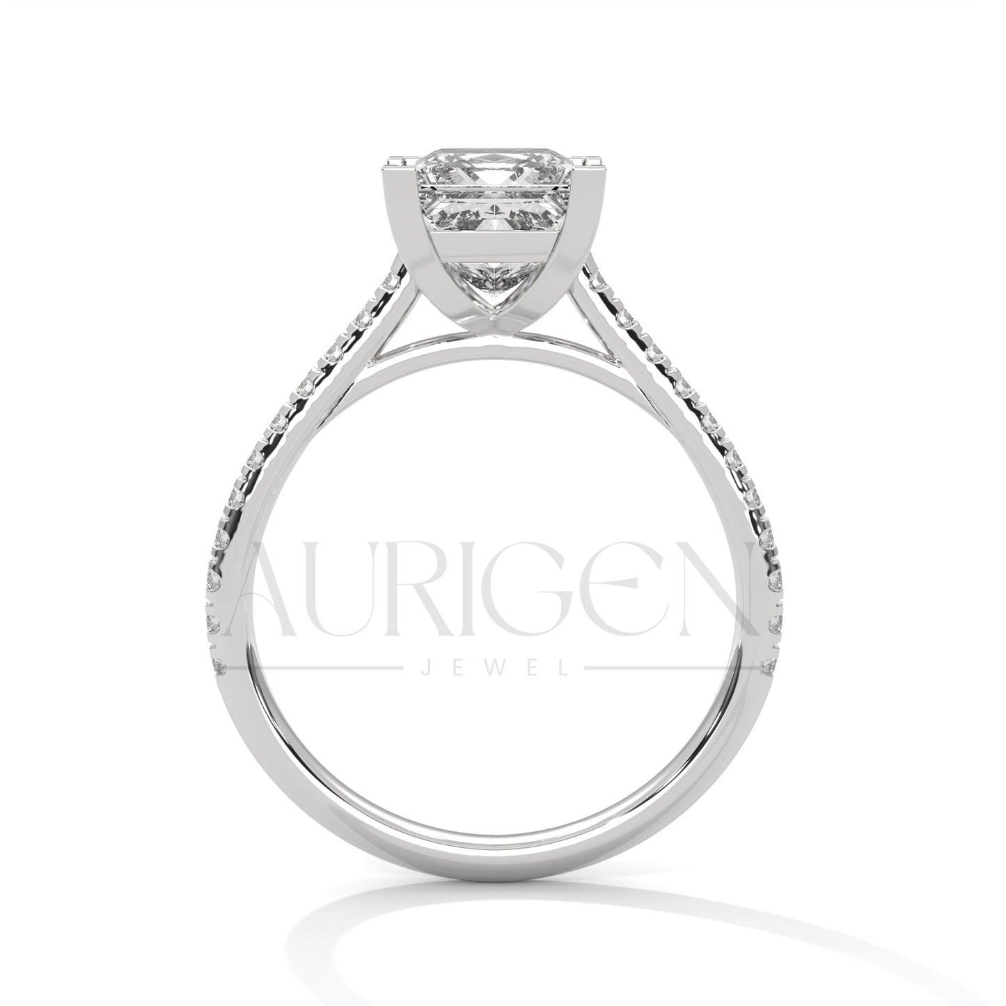 14K Solid Gold Engagement Ring with Princess Center and Pave Diamonds