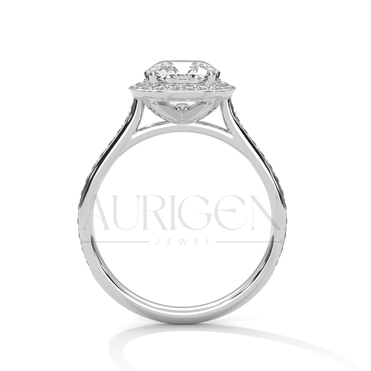 2 Ct Cushion Halo Diamond Engagement Ring with Pave Band in White Gold